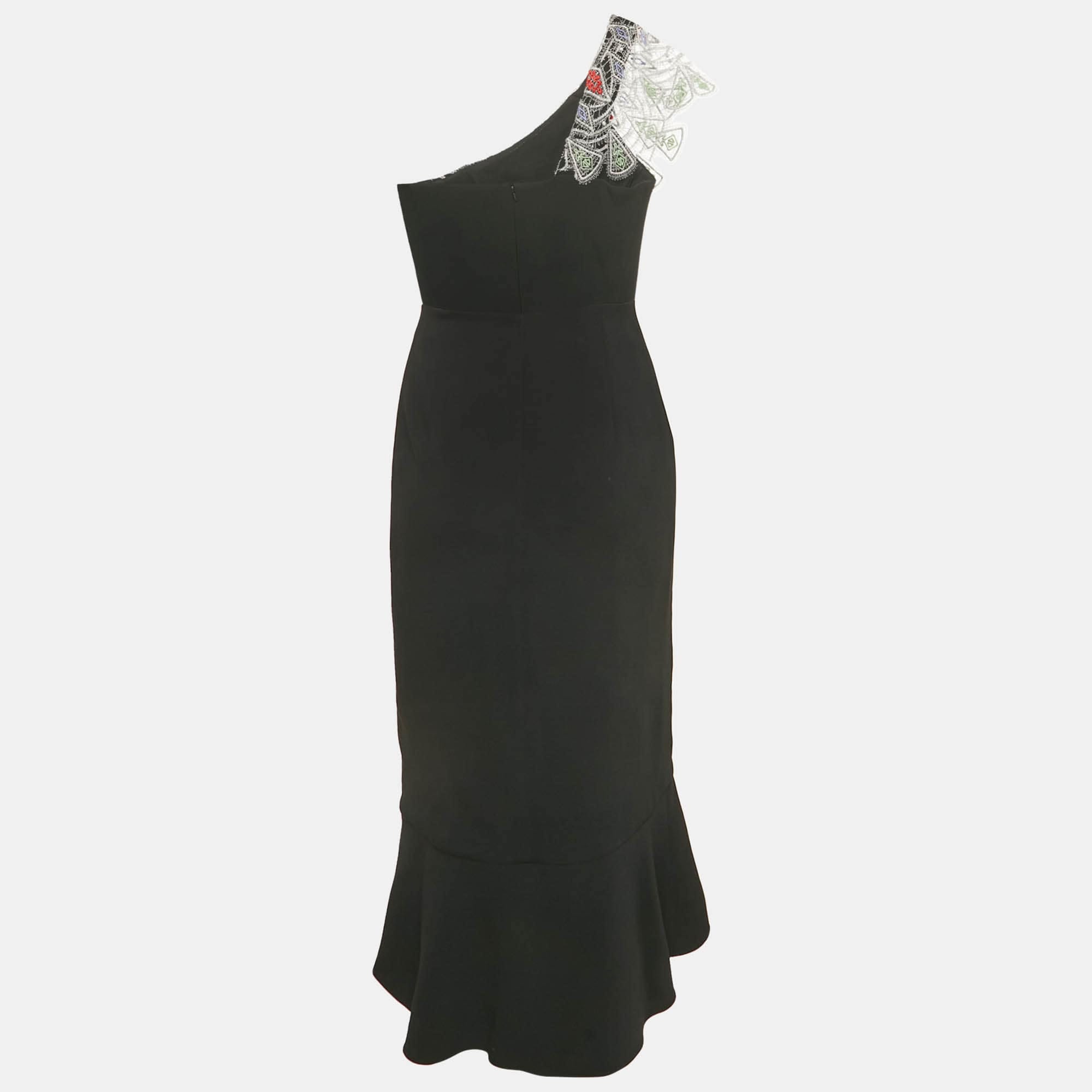 ONE Black Crepe Lace Overlay One Shoulder Midi Dress