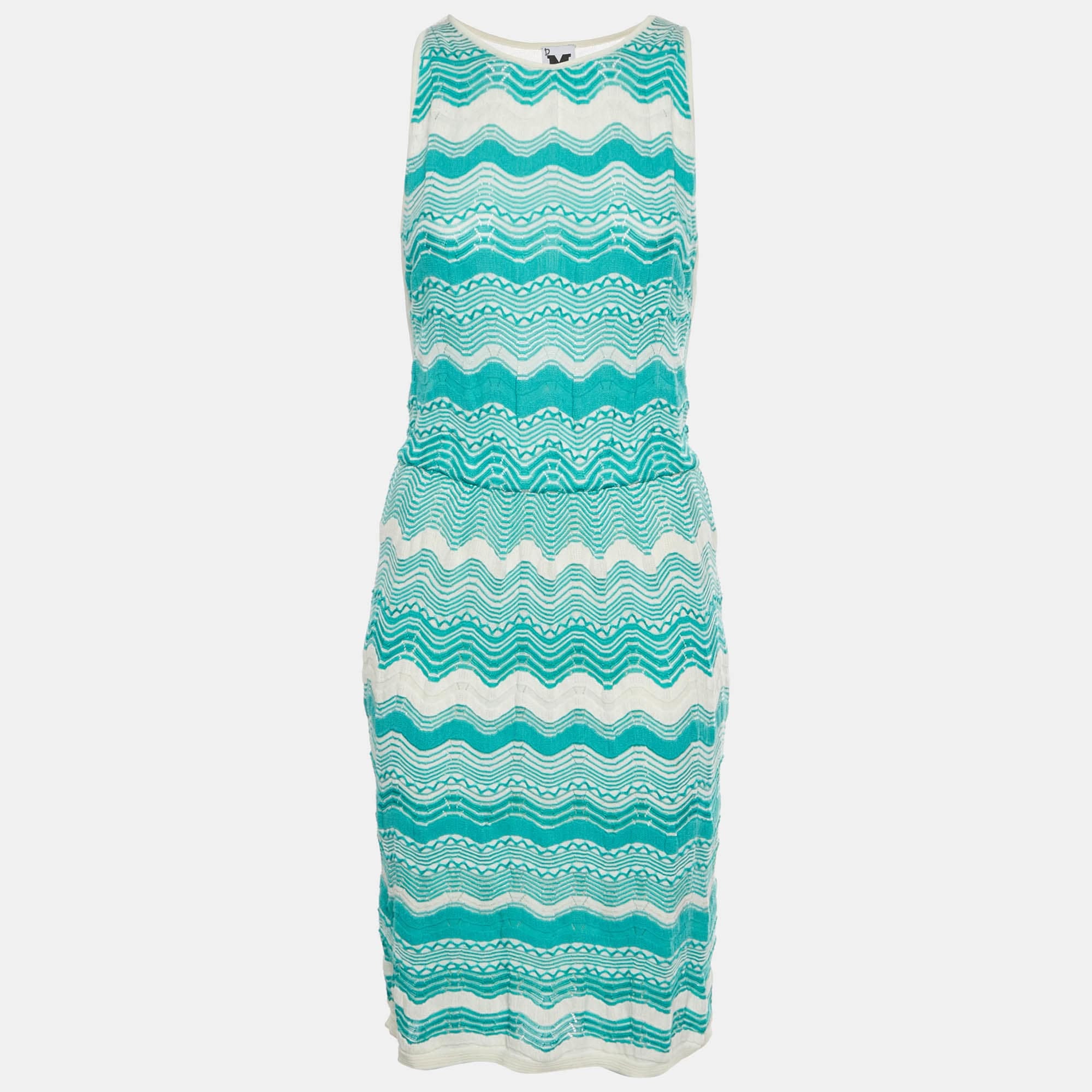 M Missoni White/turquoise Zig Zag Knit Sleeveless Midi Dress