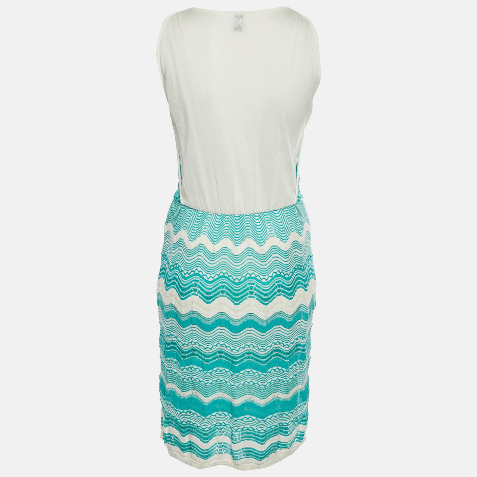 M Missoni White/turquoise Zig Zag Knit Sleeveless Midi Dress