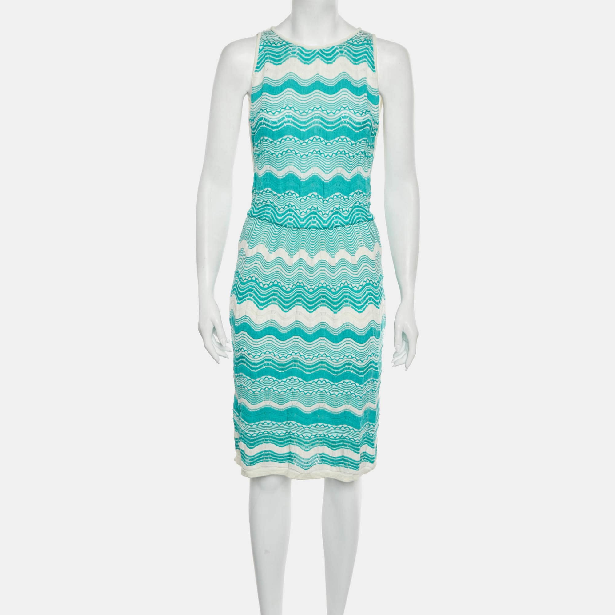 M Missoni White/turquoise Zig Zag Knit Sleeveless Midi Dress