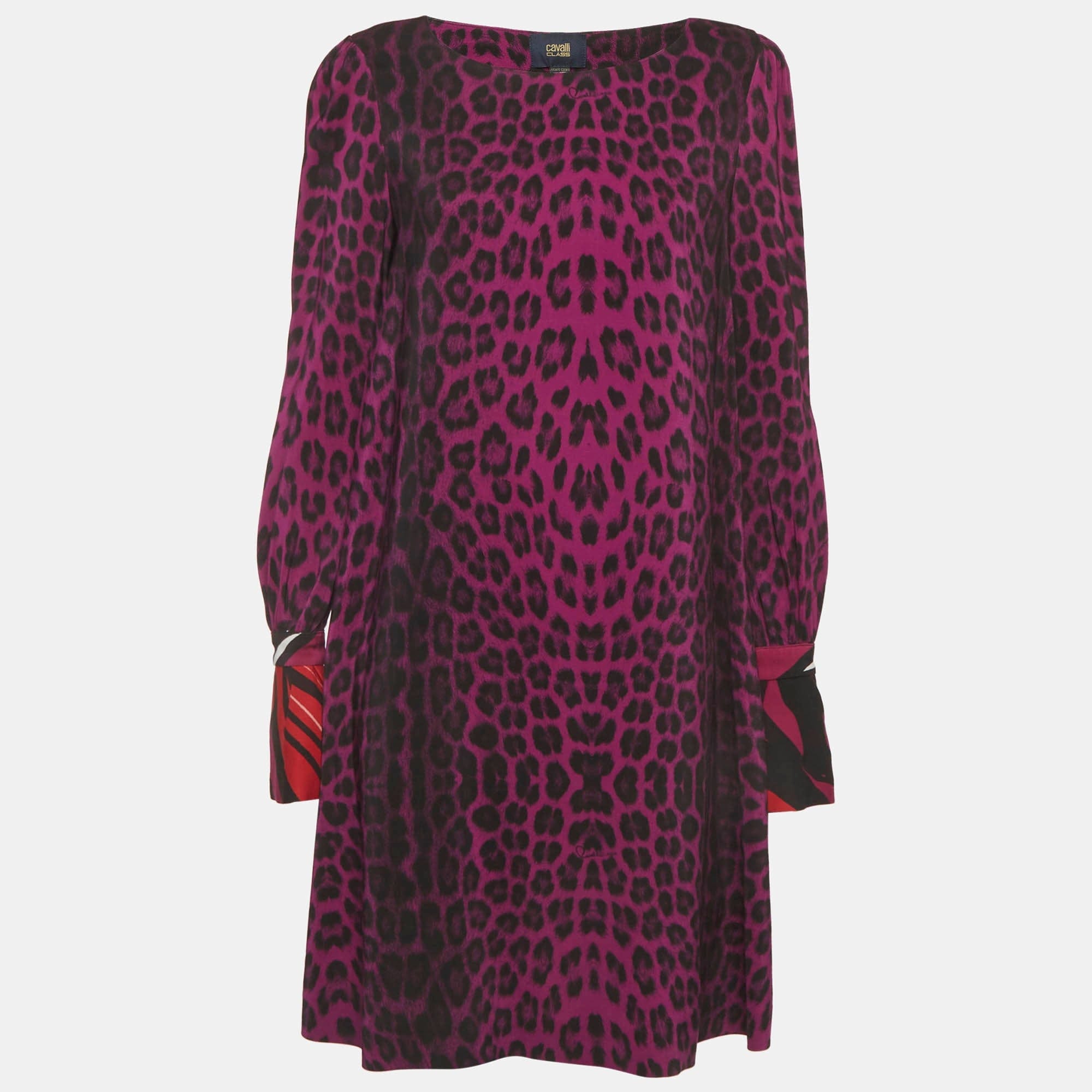 Cavalli Class Purple Printed Stretch Crepe Shift Dress