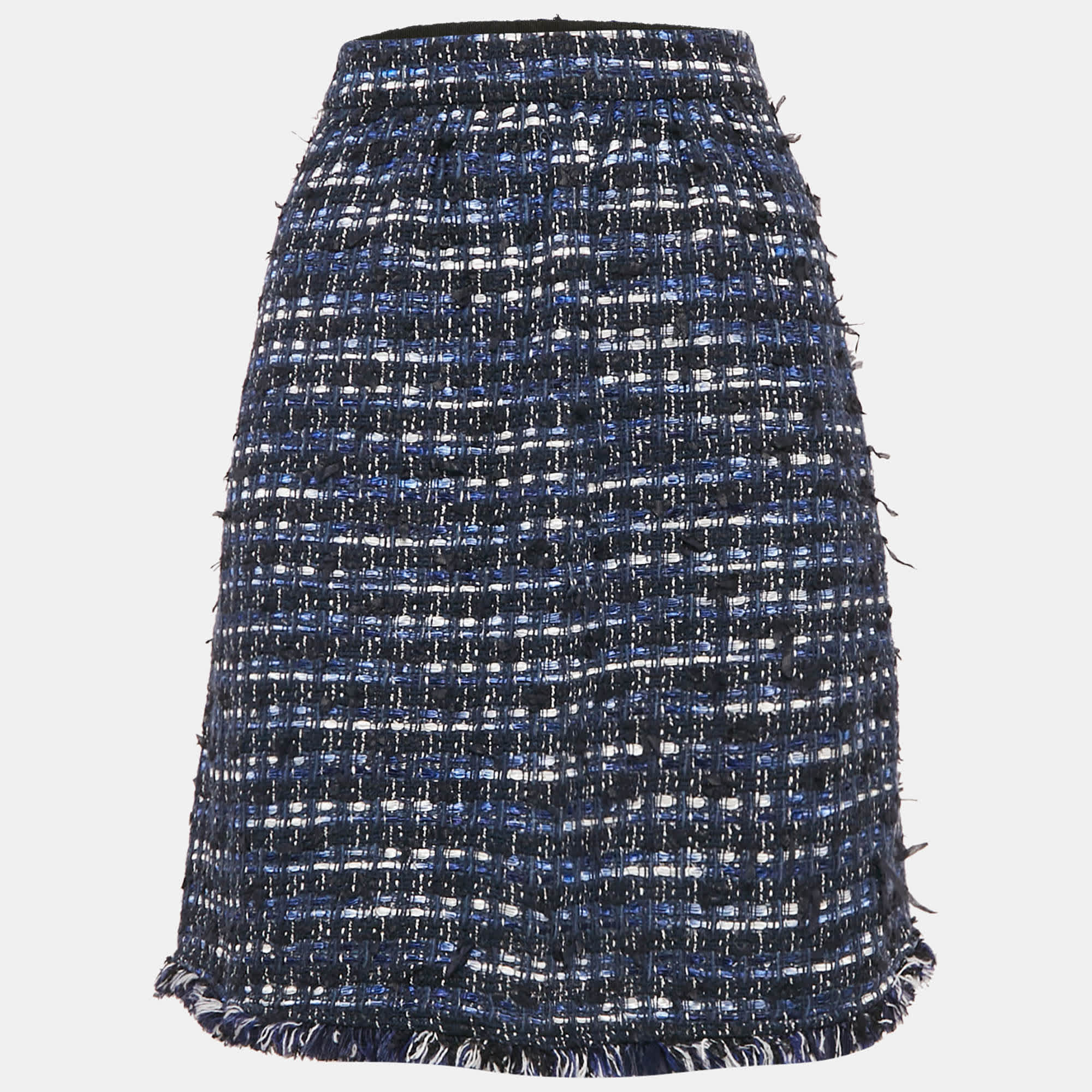 Blue Tweed Fringed Pencil Skirt