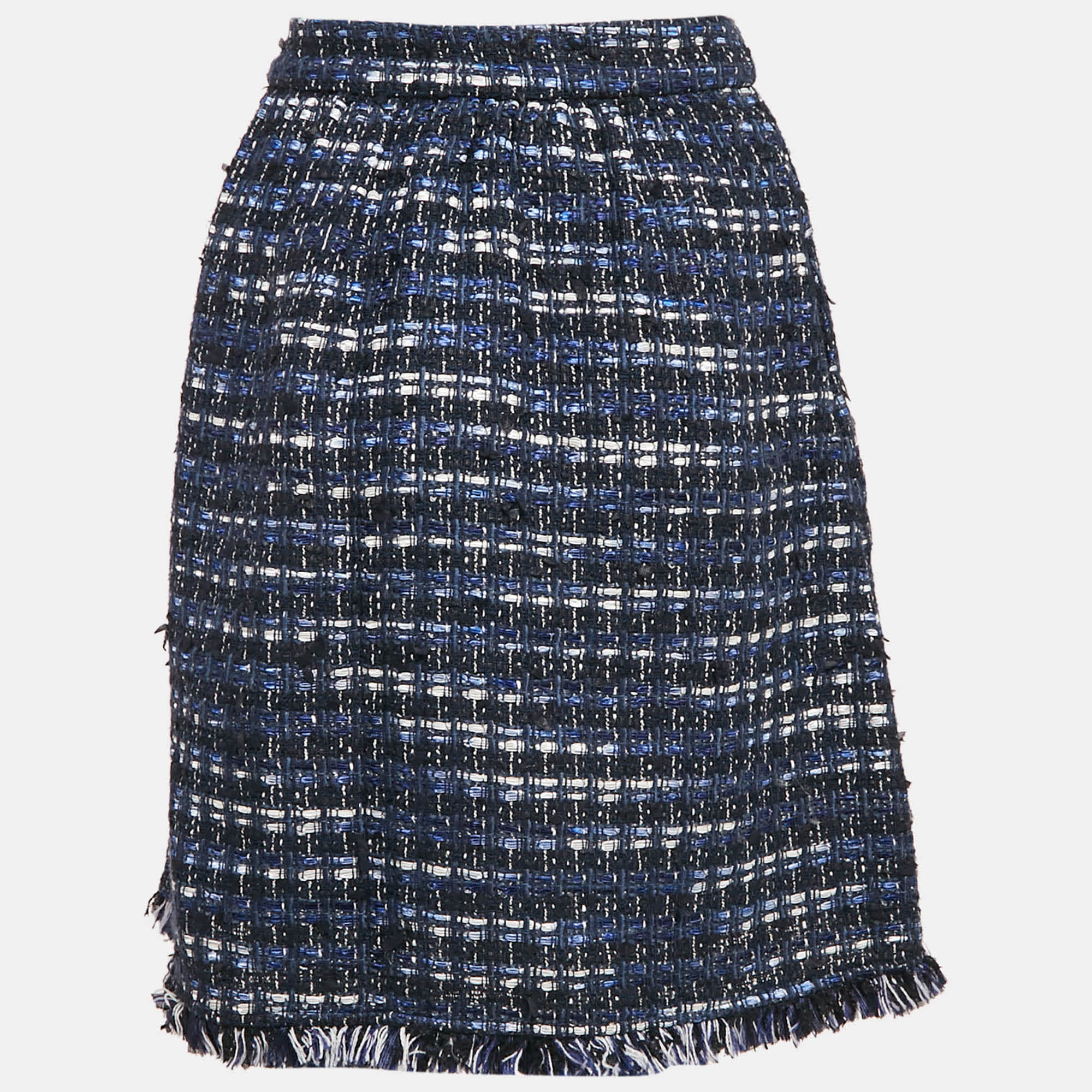 Blue Tweed Fringed Pencil Skirt