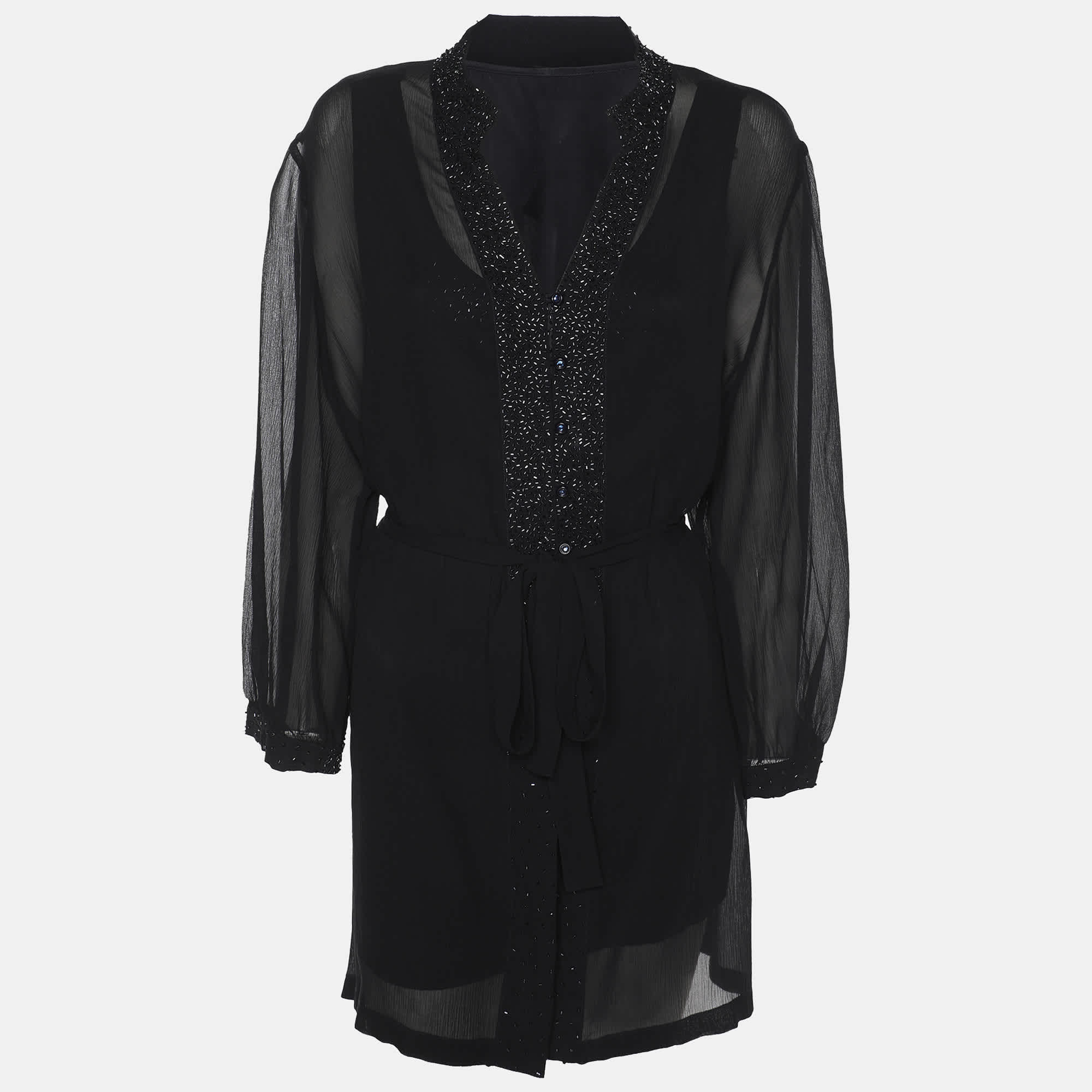 Elena Miro Black Chiffon Embellished Long Sleeve Shirt Set