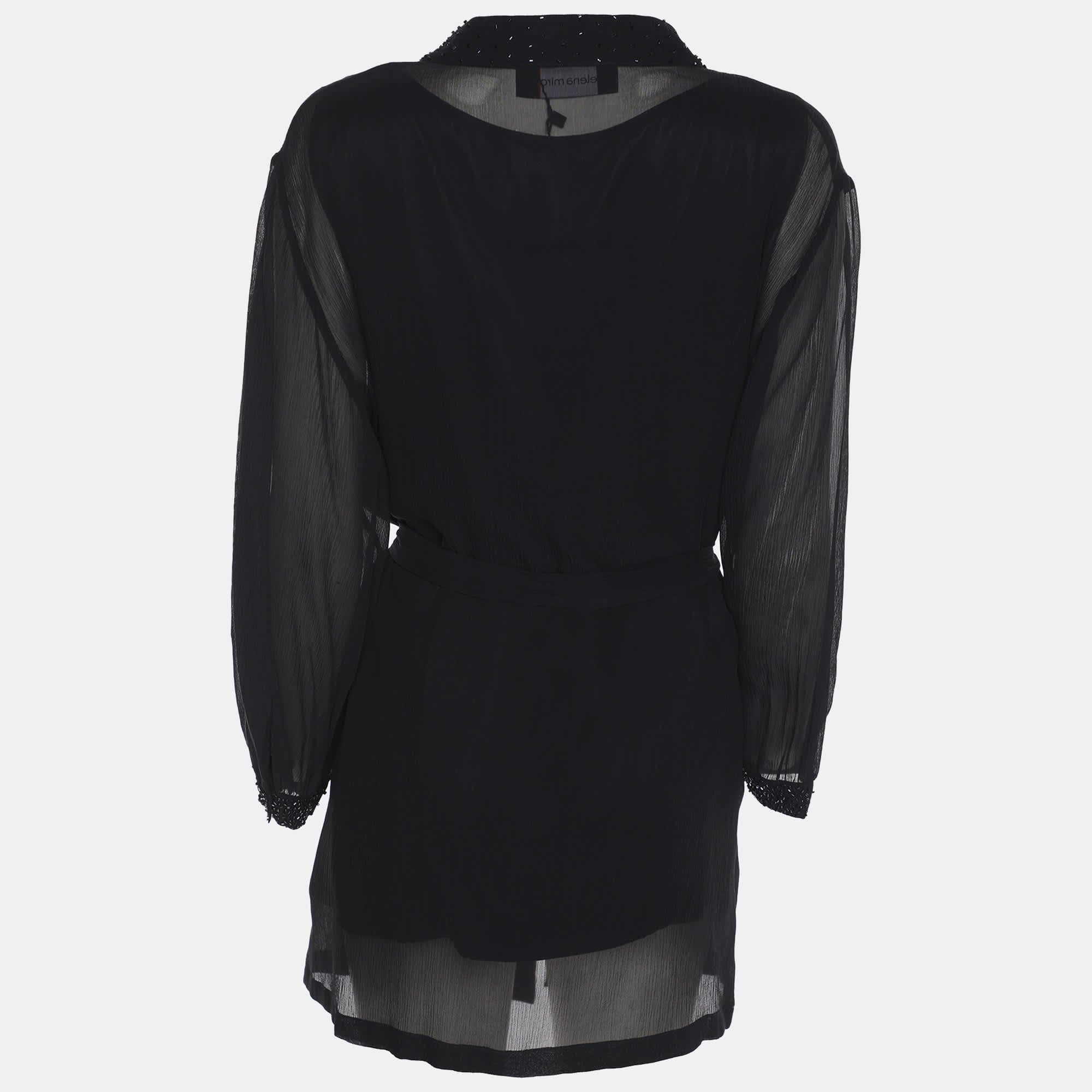 Elena Miro Black Chiffon Embellished Long Sleeve Shirt Set