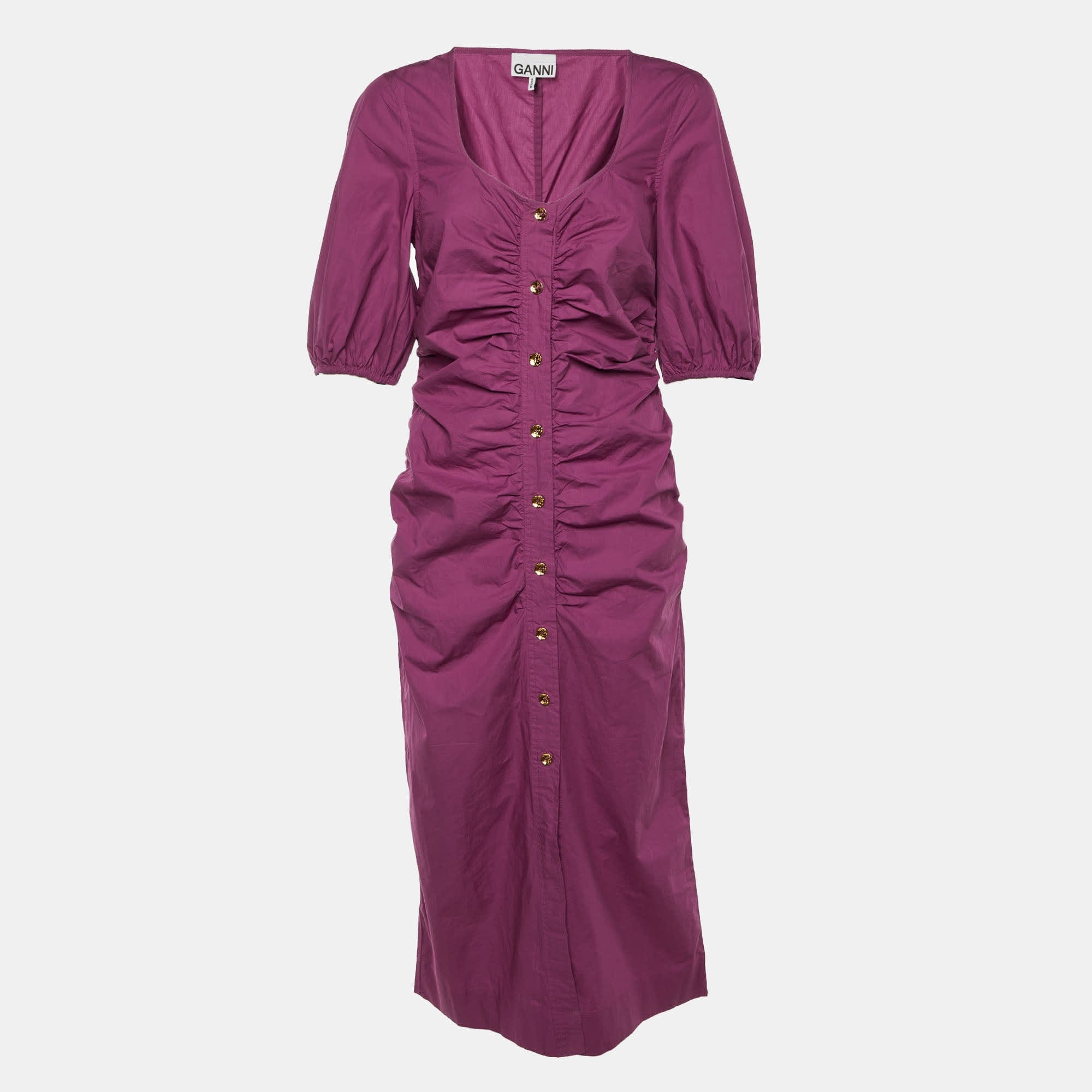 Purple Wine Cotton Ruched Midi Dress