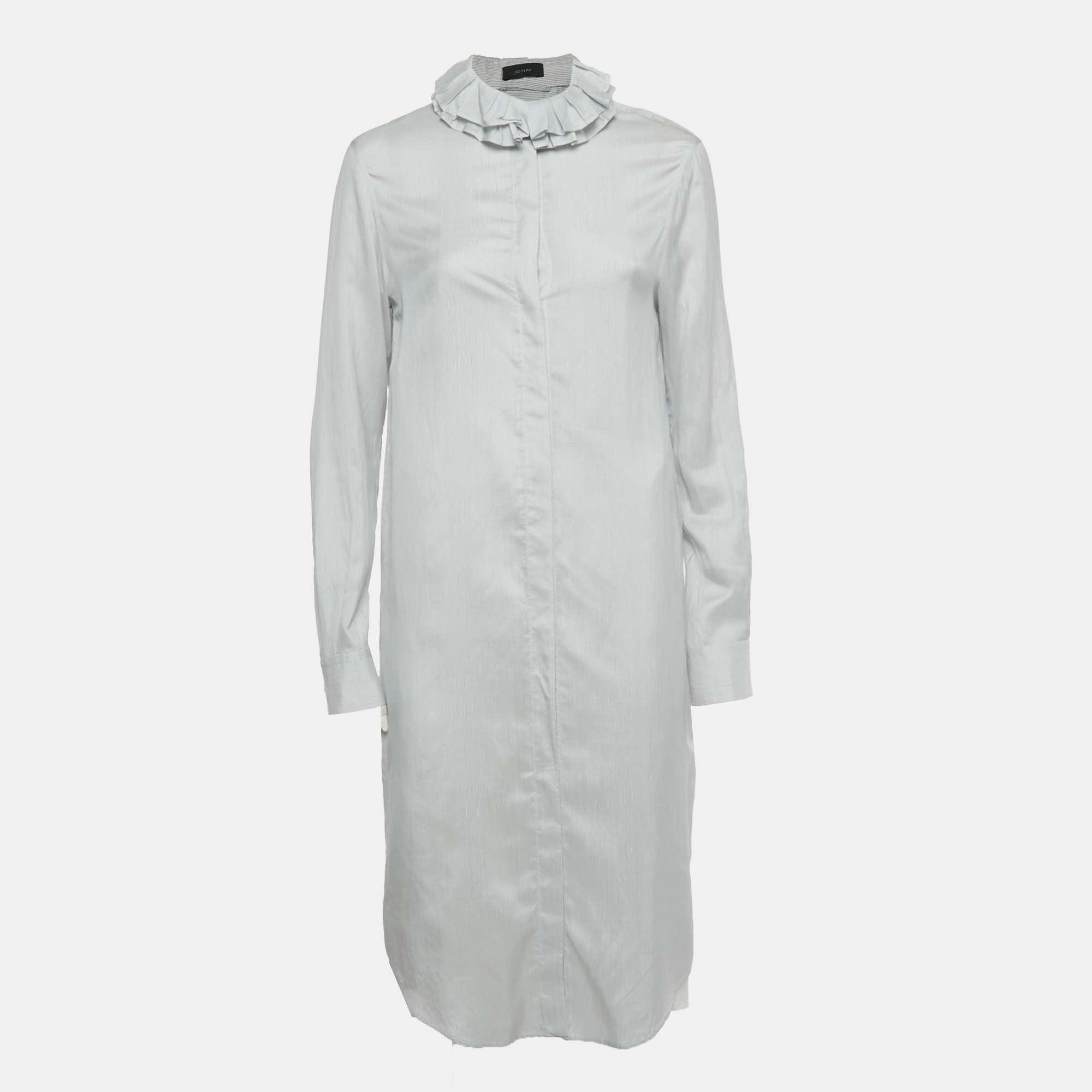 White Striped Silk Ruffle Neck Shirt Dress