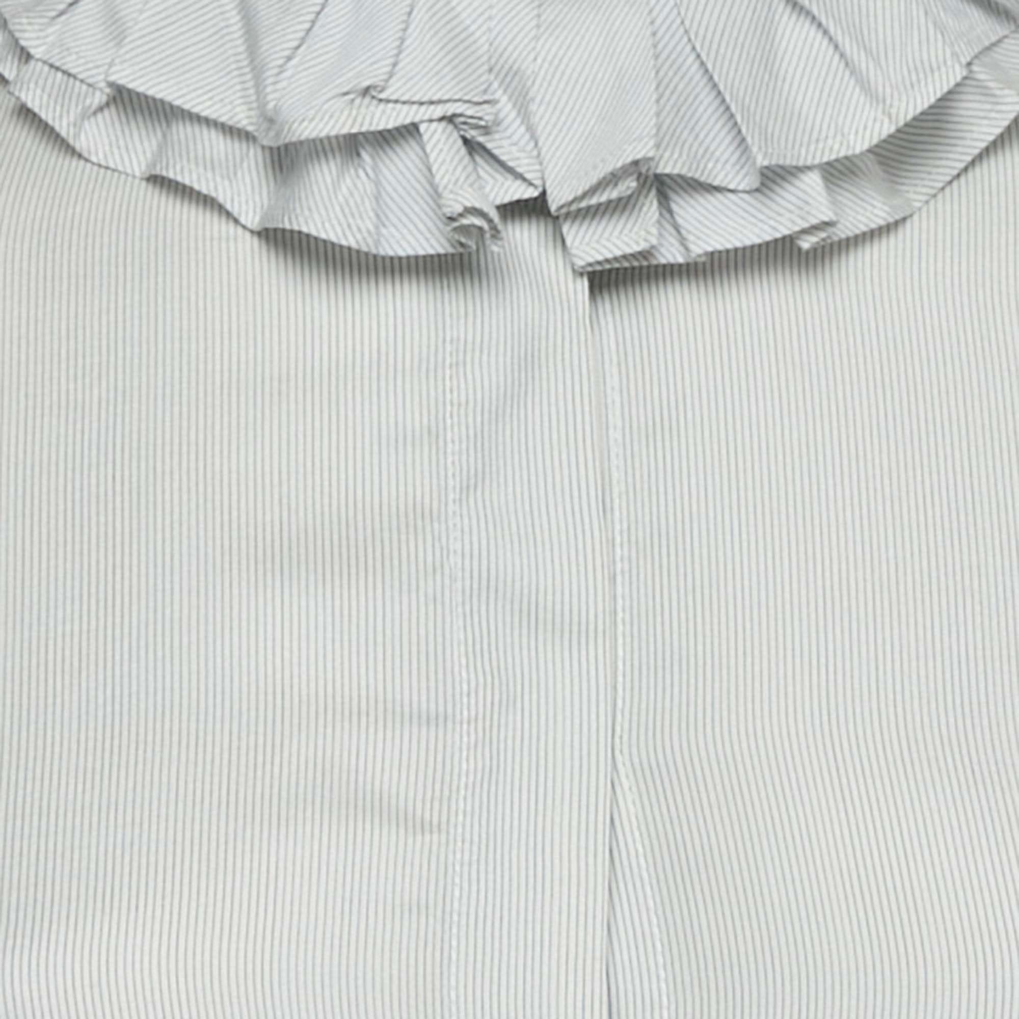 White Striped Silk Ruffle Neck Shirt Dress