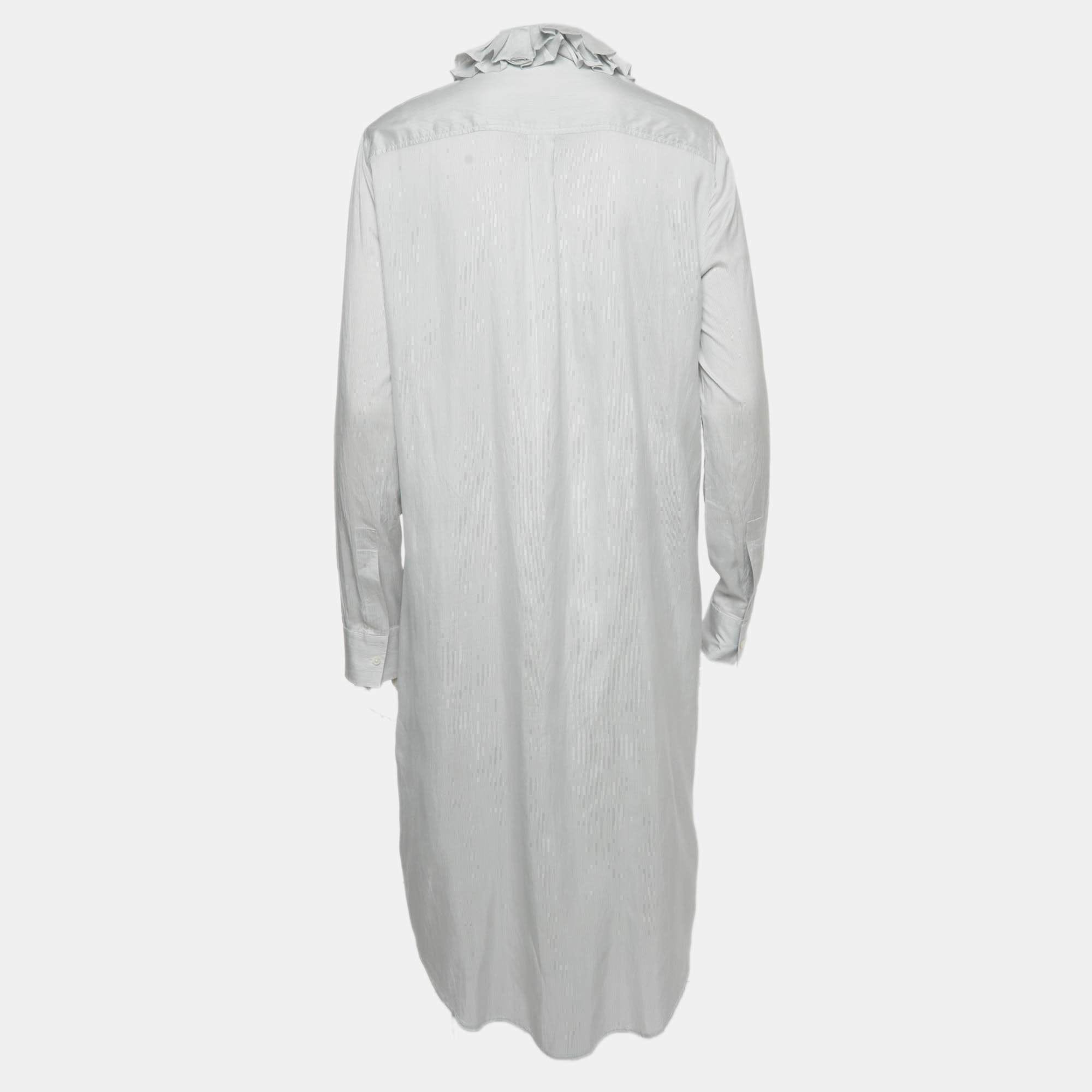 White Striped Silk Ruffle Neck Shirt Dress