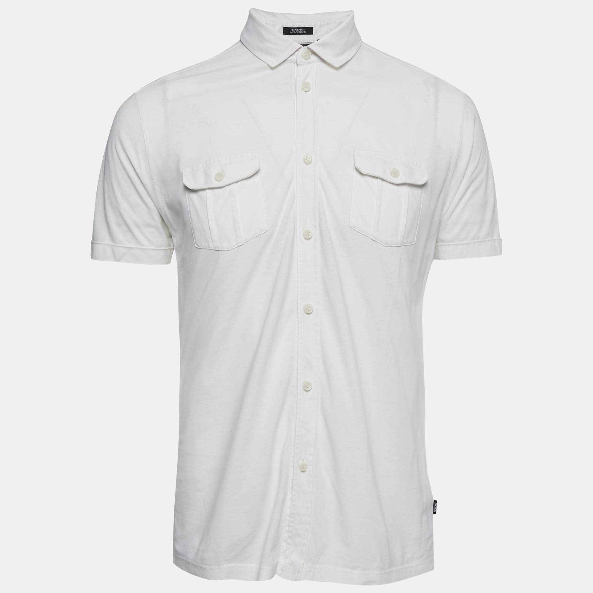 White Cotton Knit Button Front Lapra Shirt