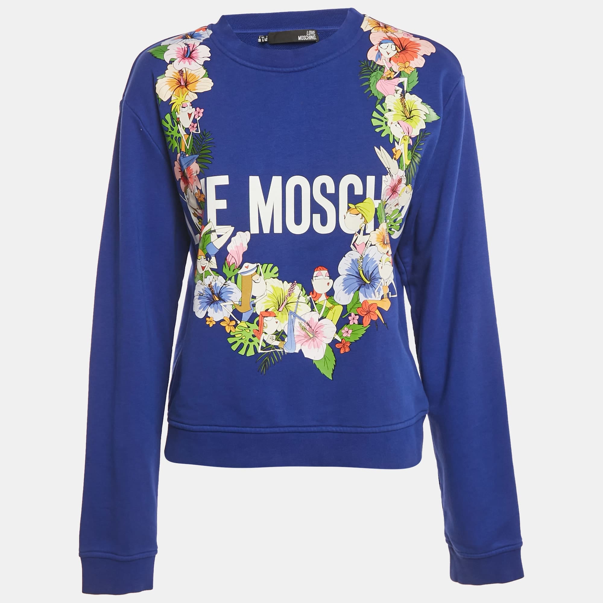 Blue Printed Cotton Crew Neck Sweatshirt