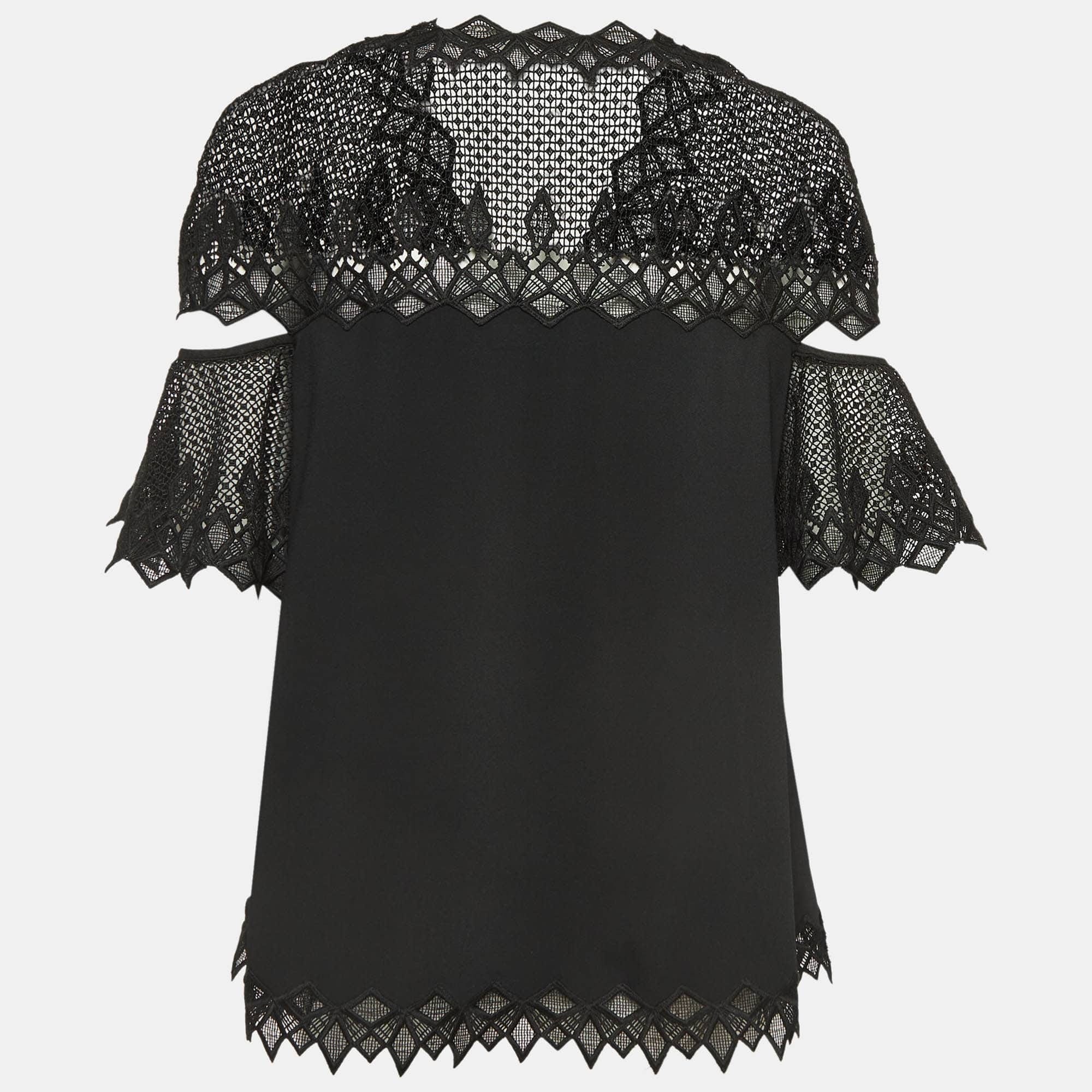 Jonathan Simkhai Black Lace Trim Crepe Cut - Out Sleeve Detail Blouse