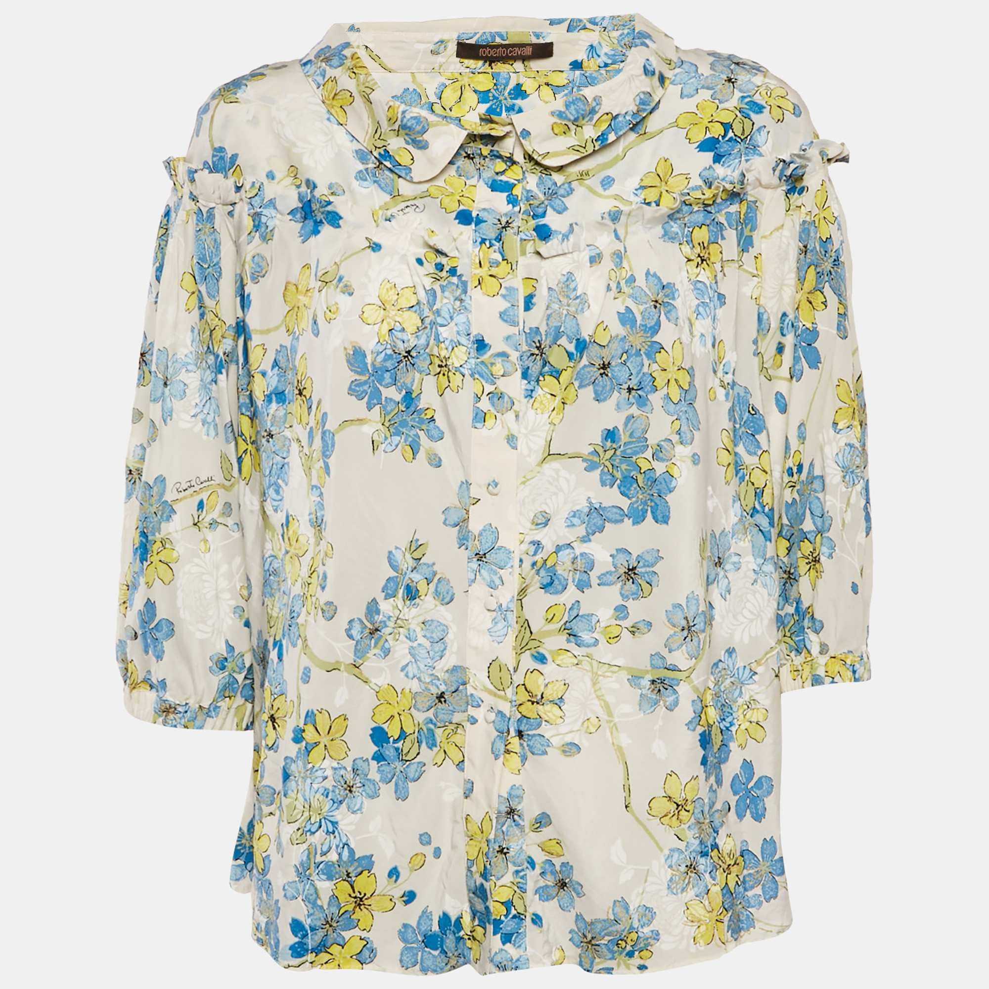 White/blue Floral Print Silk Ruffled Blouse