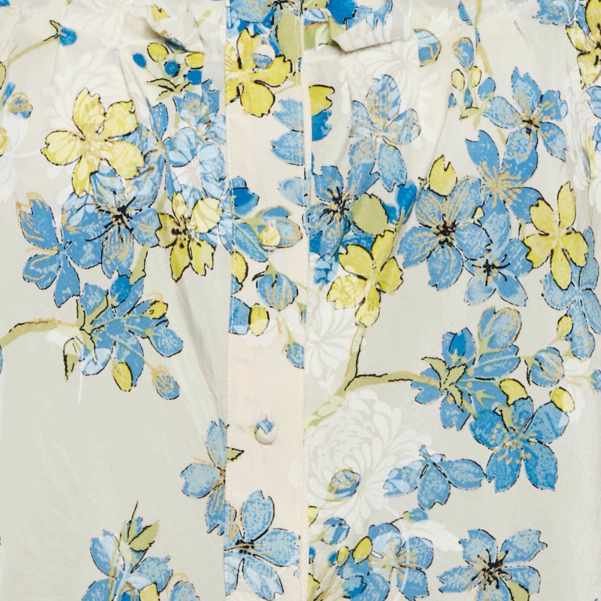 White/blue Floral Print Silk Ruffled Blouse