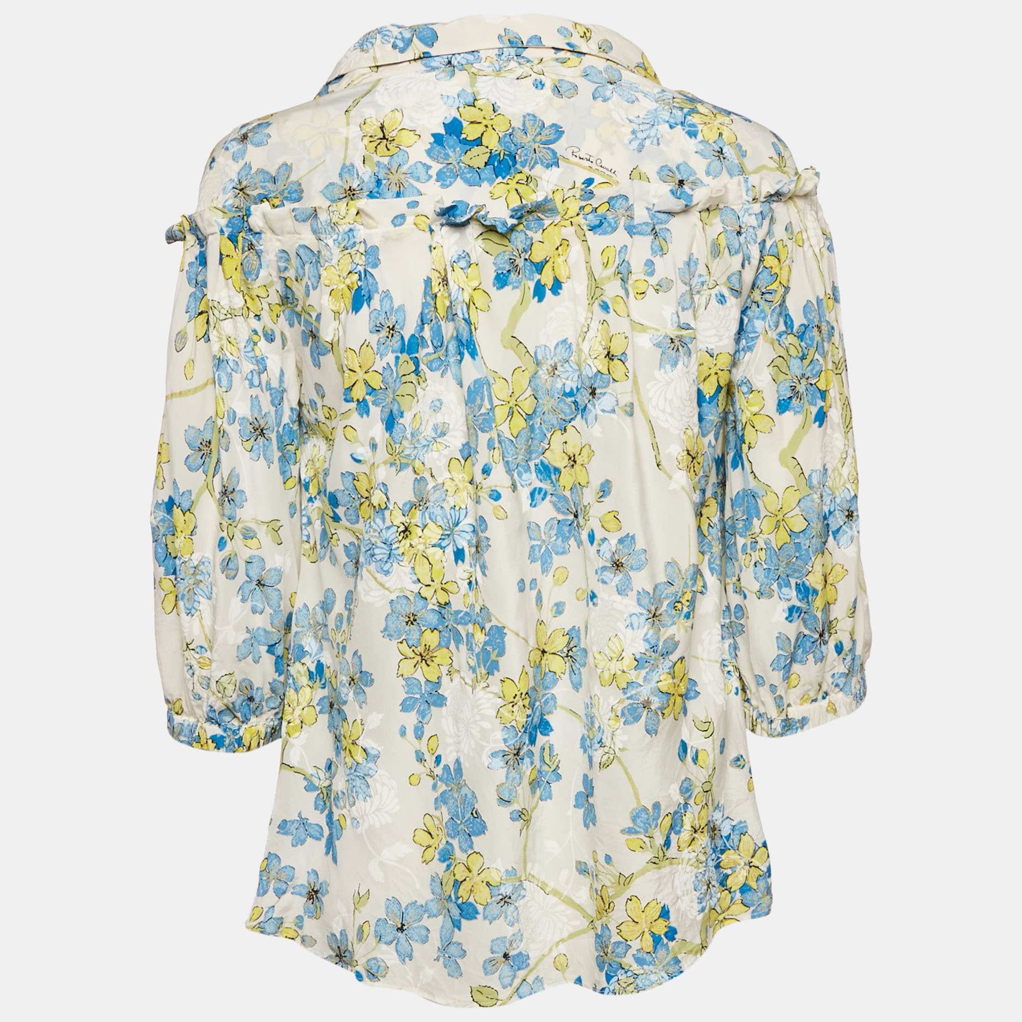 White/blue Floral Print Silk Ruffled Blouse