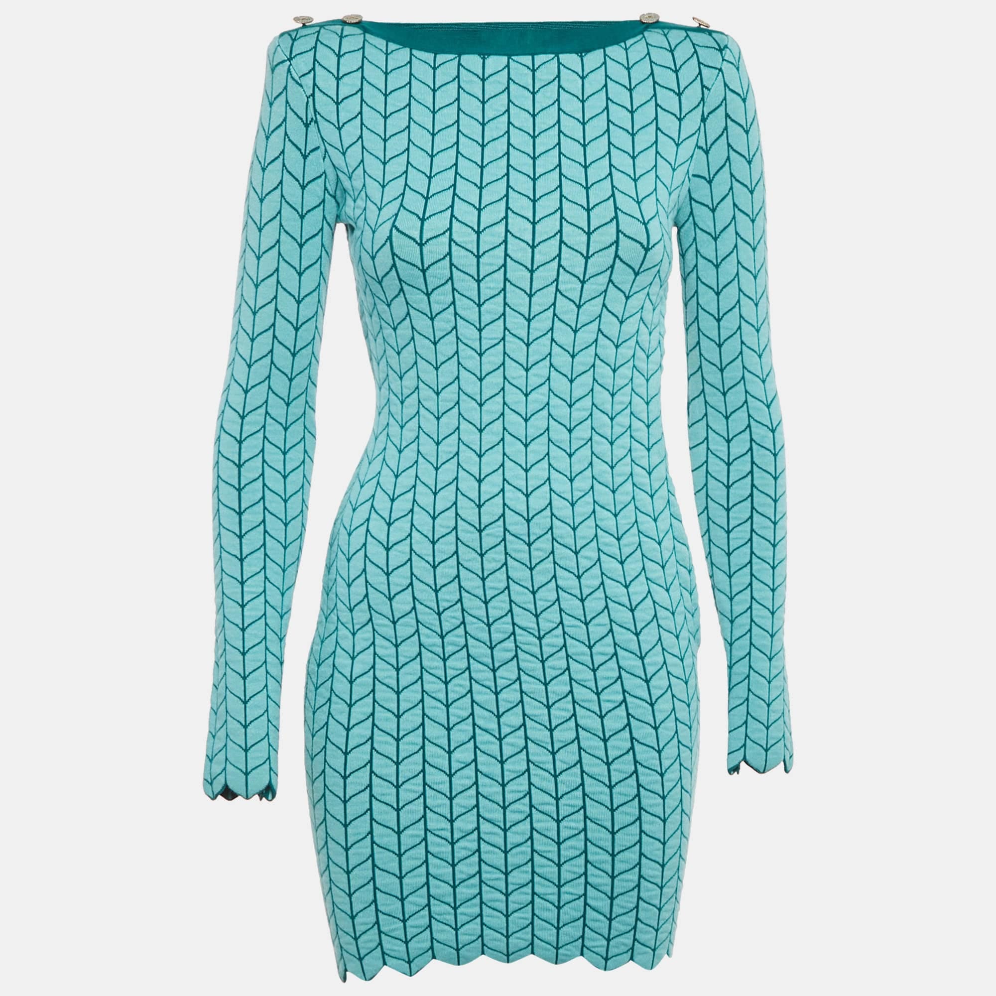 Blue Patterned Stretch Knit Scallop Hem Bodycon Dress