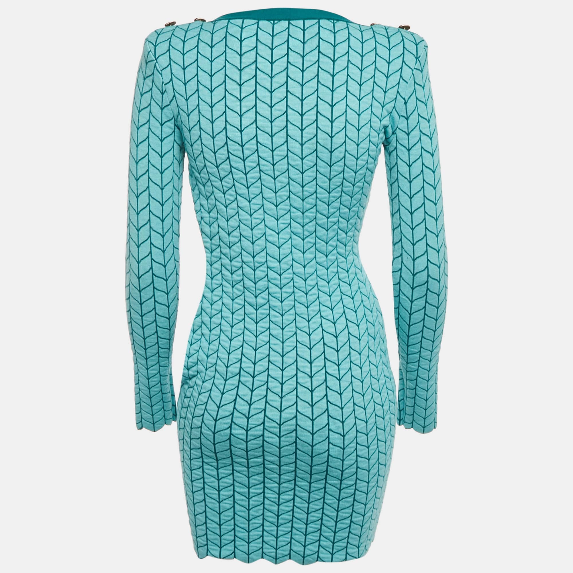 Blue Patterned Stretch Knit Scallop Hem Bodycon Dress