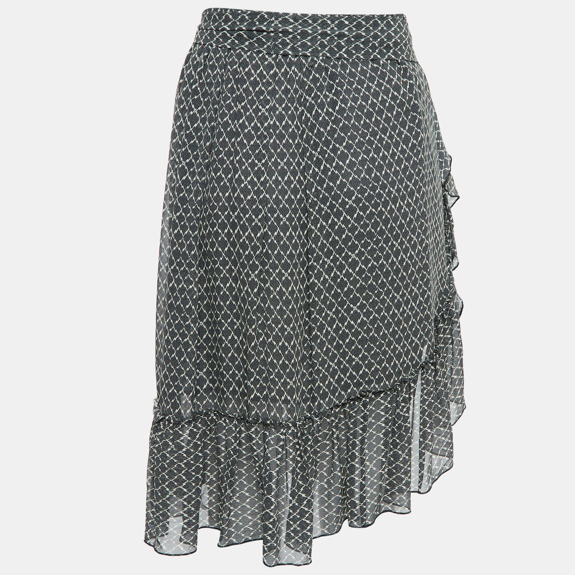 WHITE* Black/white Printed Silk Ruffled Short Skirt