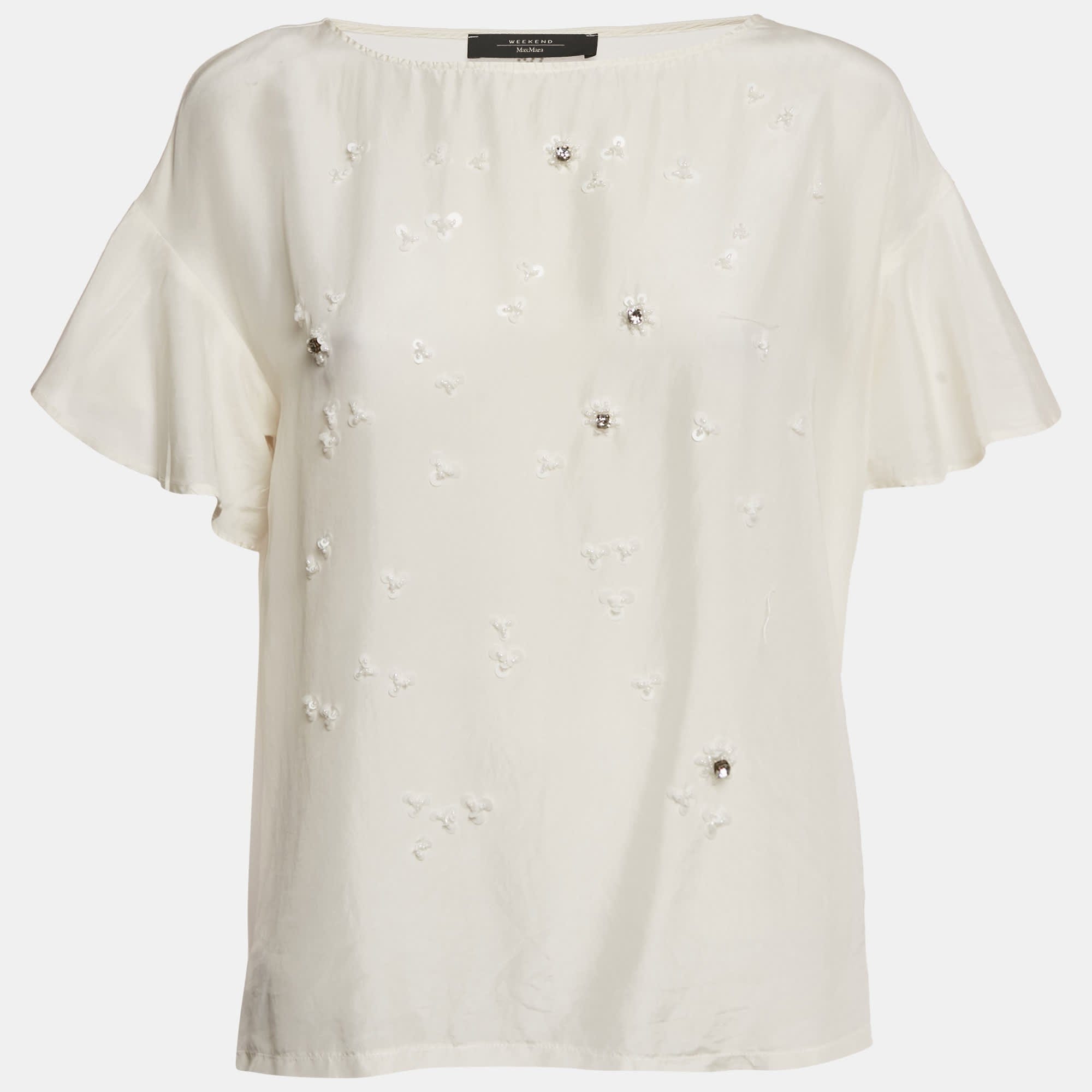 White Sequin Embroidered Silk And Jersey Top