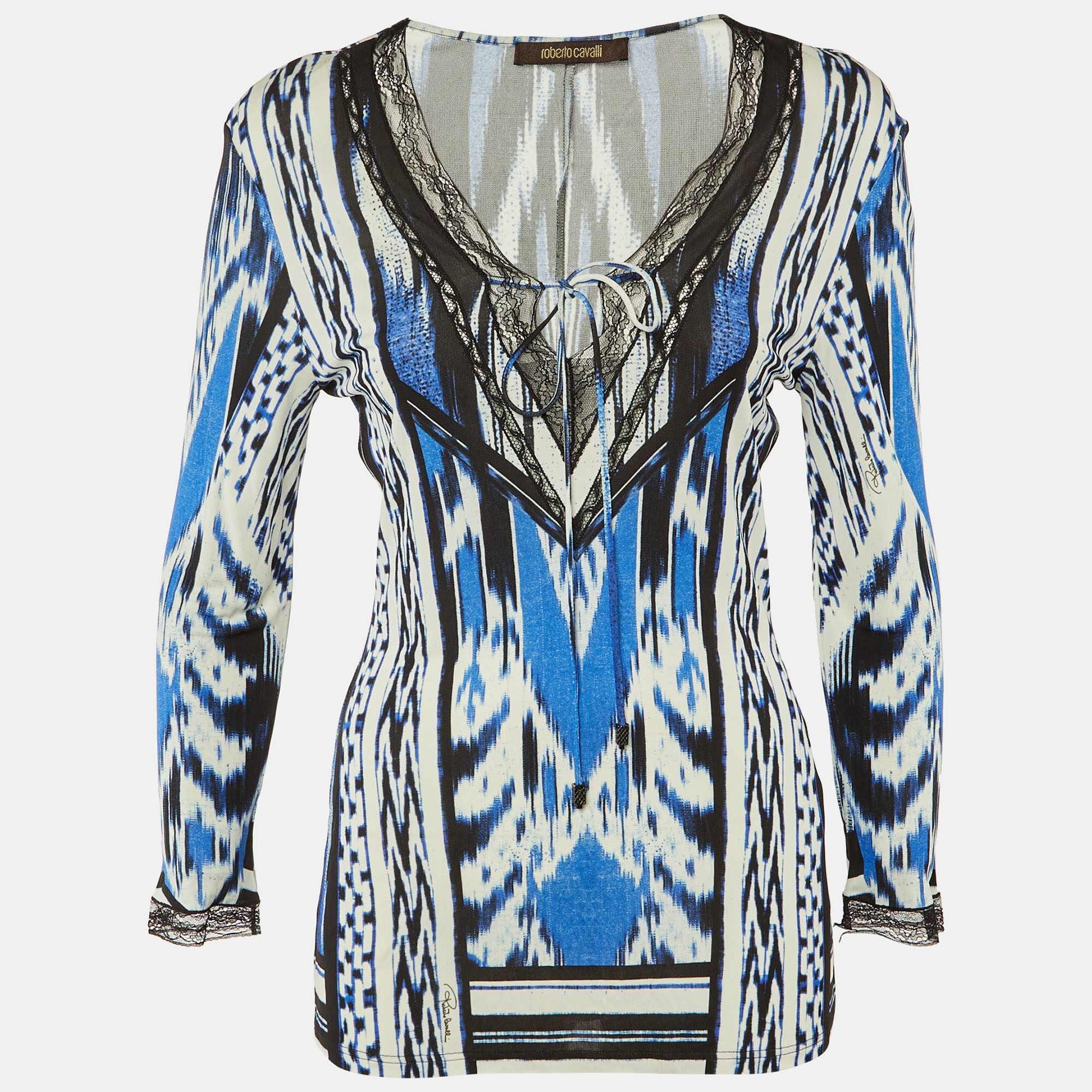 Blue/black Printed Jersey Lace Detail Top
