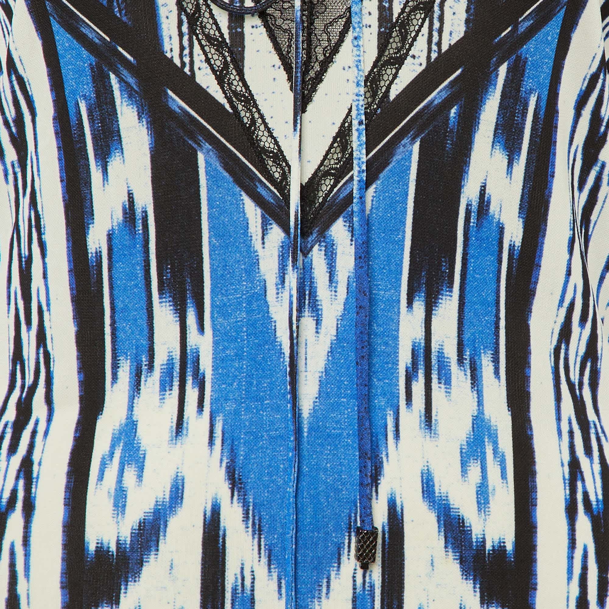 Blue/black Printed Jersey Lace Detail Top