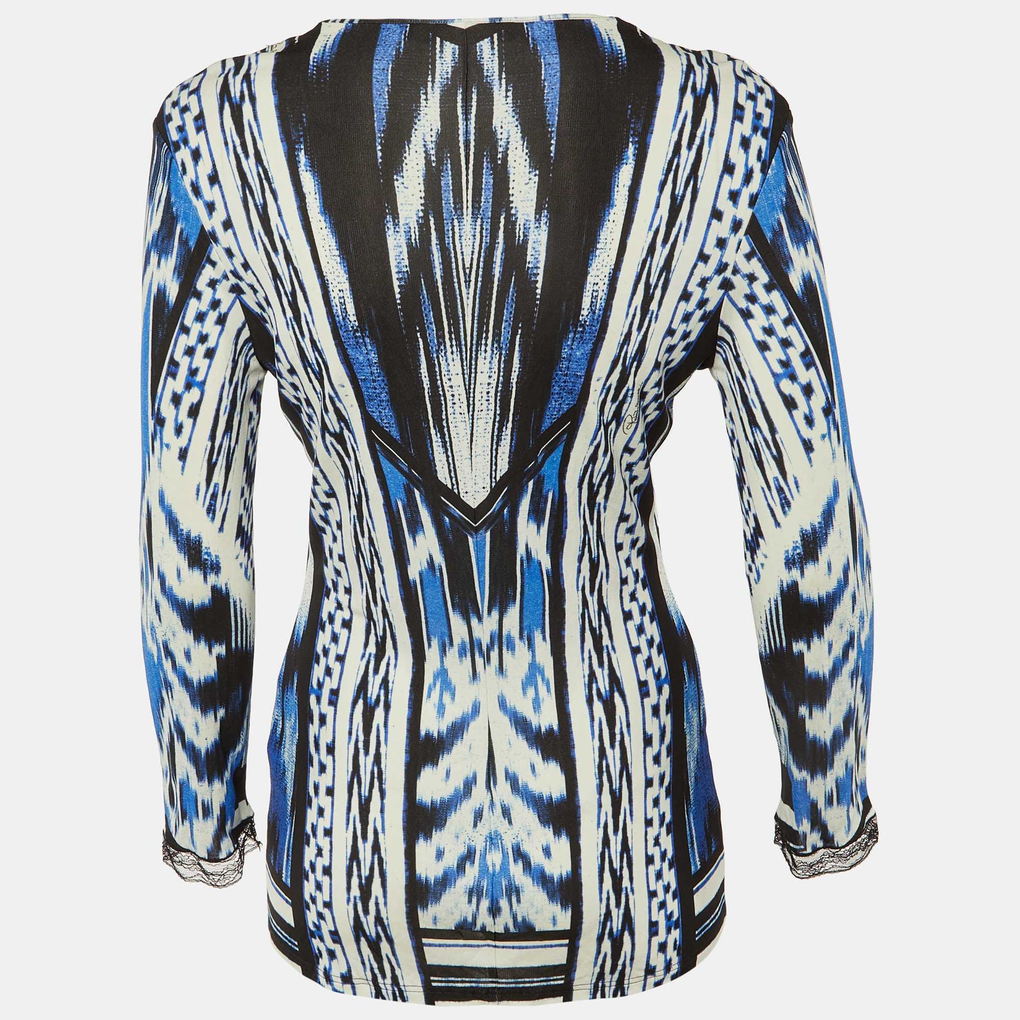 Blue/black Printed Jersey Lace Detail Top