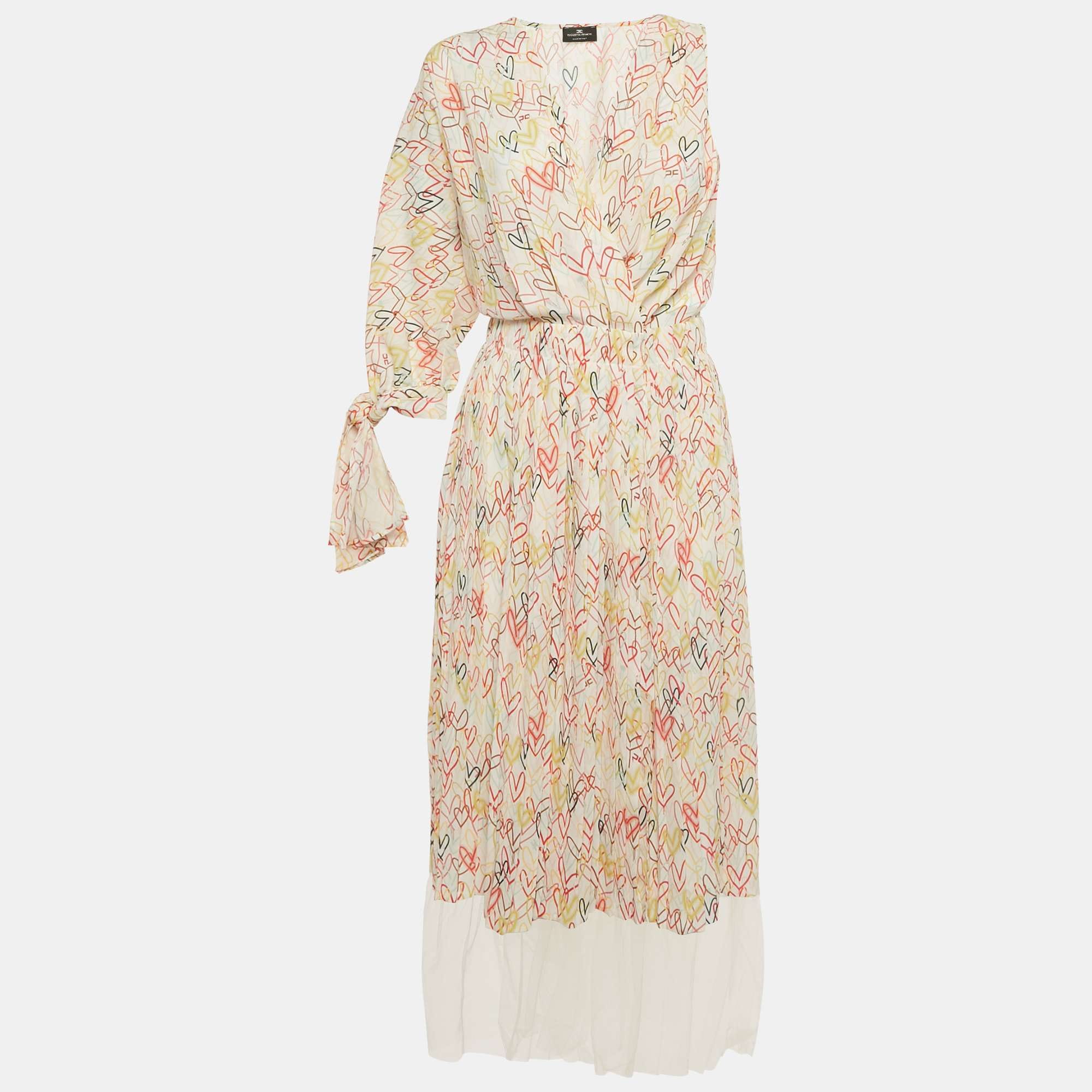 ONE Multicolor Heart Print Crepe One Shoulder Midi Dress