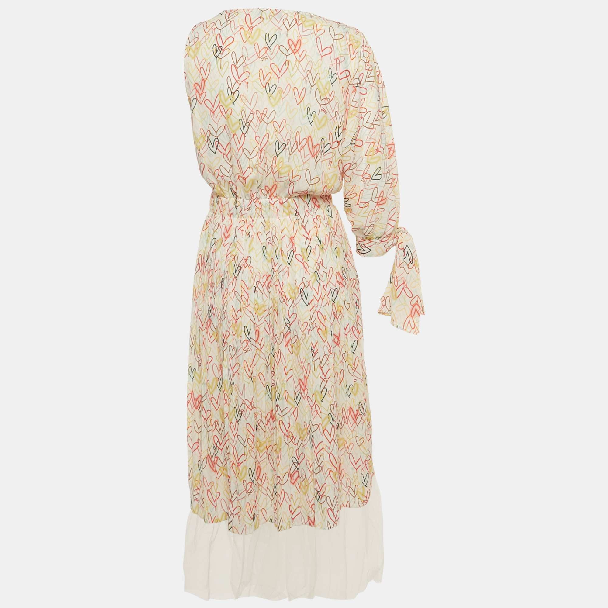 ONE Multicolor Heart Print Crepe One Shoulder Midi Dress