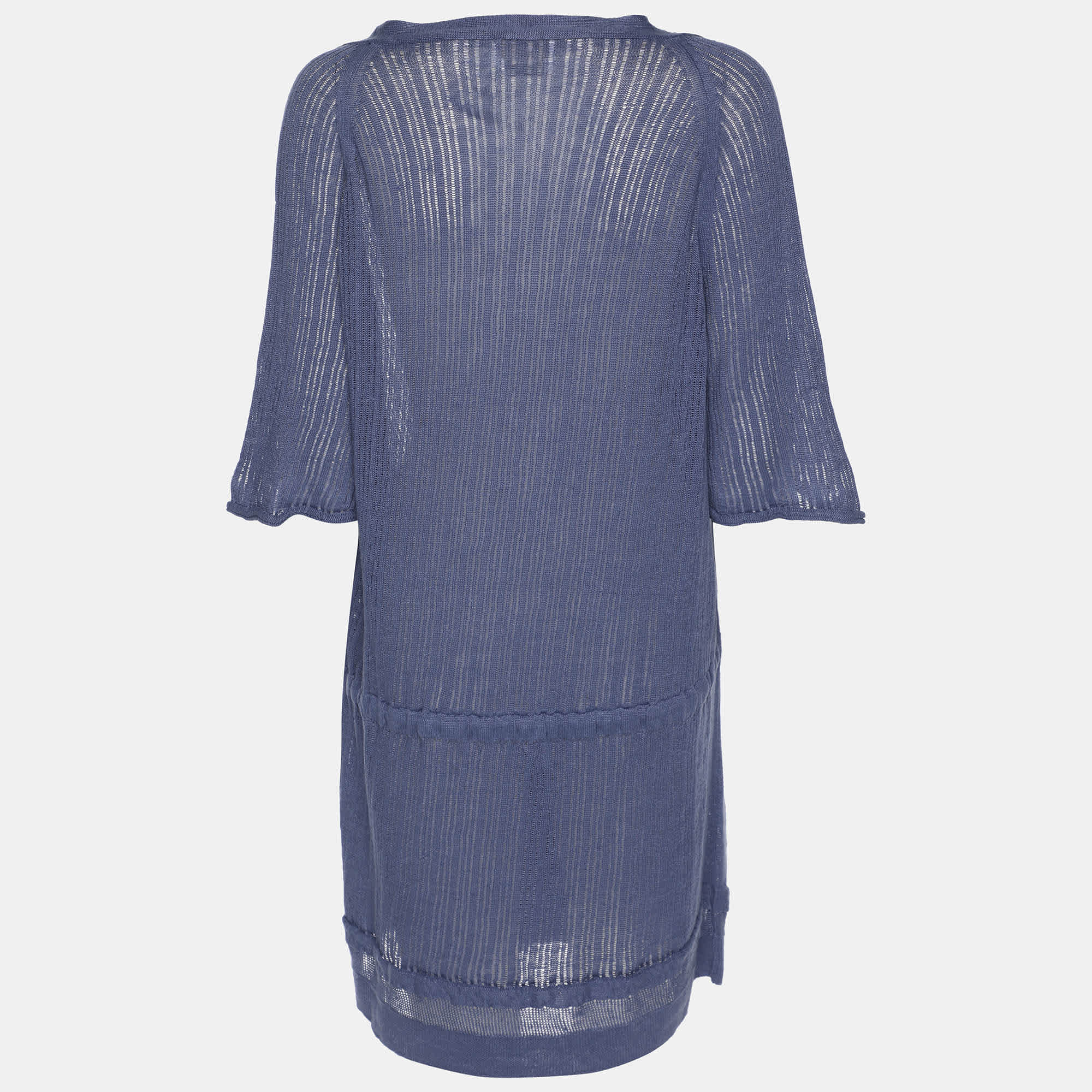 Marina Rinaldi Voyage By Marina Rinaldi Blue Linen Knit Belted Cardigan