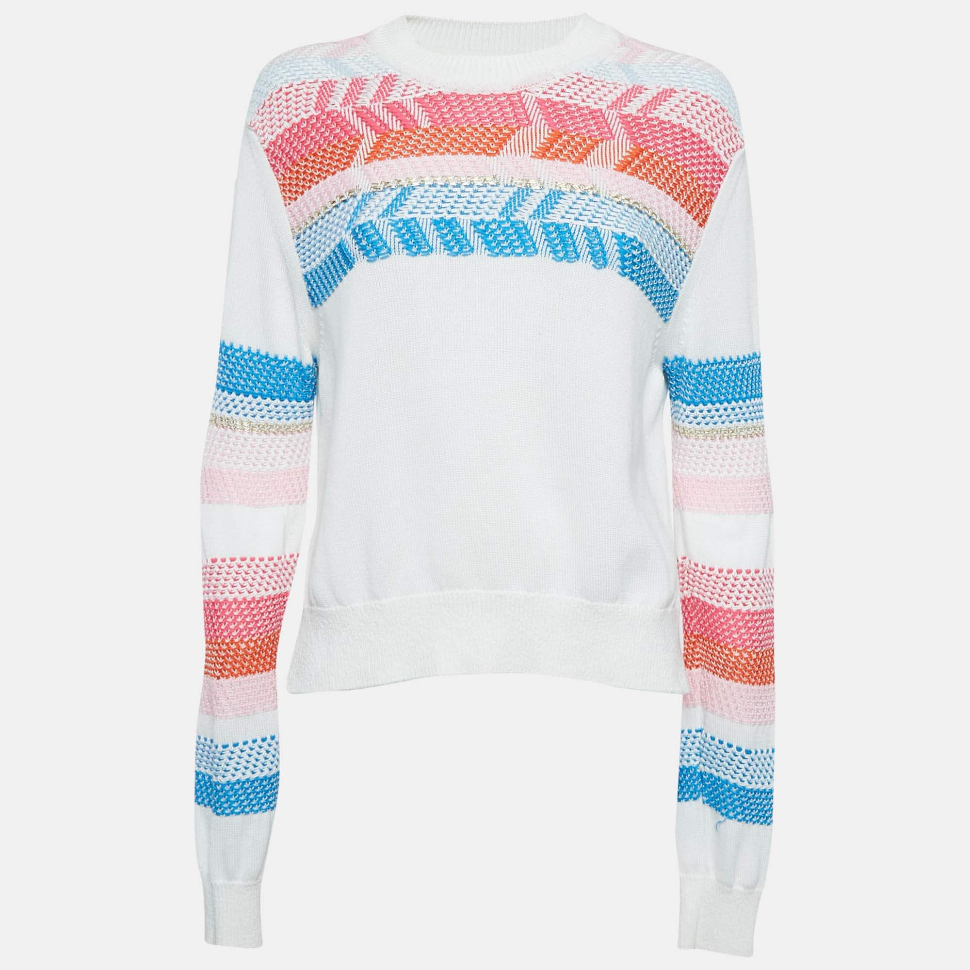 White Patterned Knit Full Sleeve Sweater