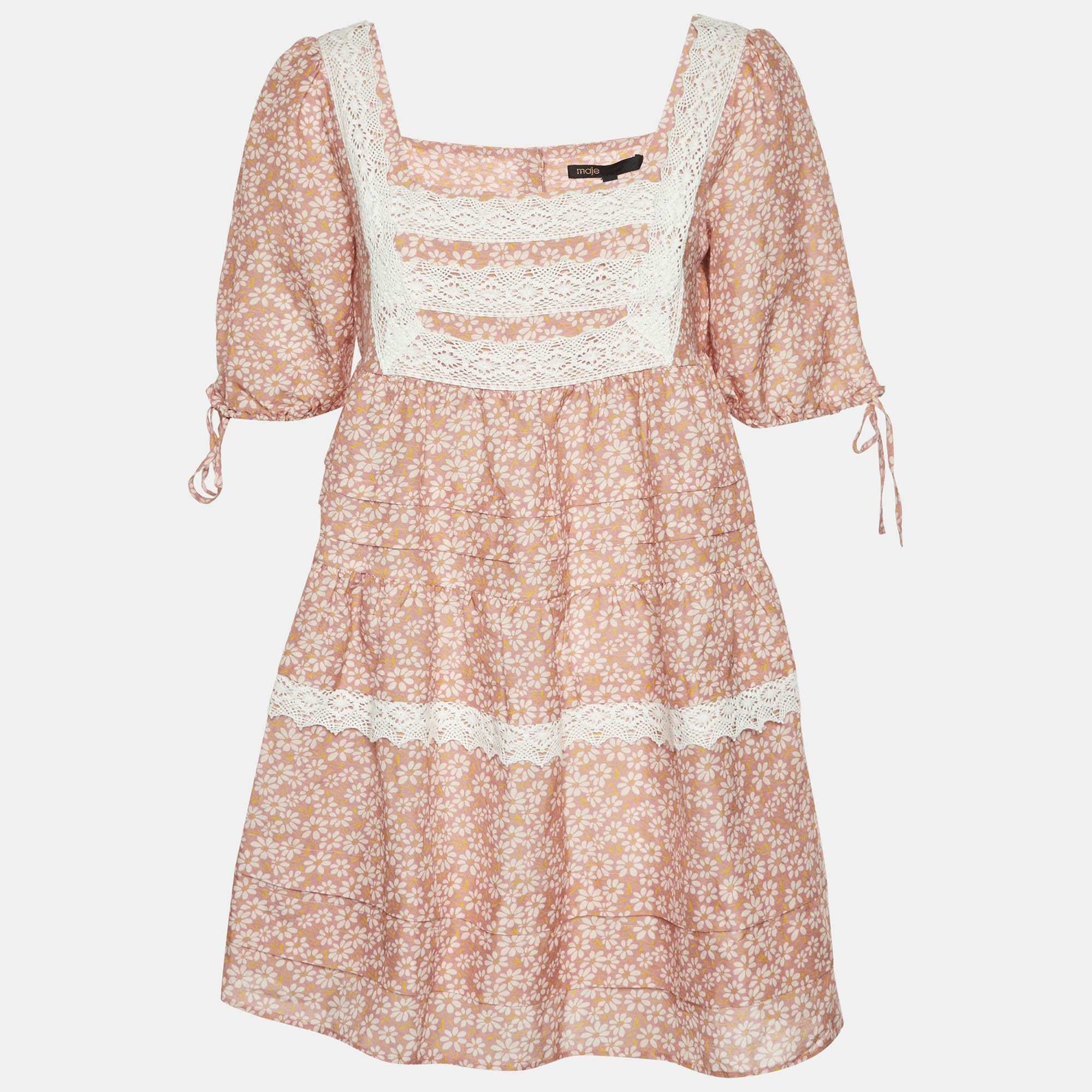 BLEND Maje Pink Floral Print Linen Blend Lace Trim Dress