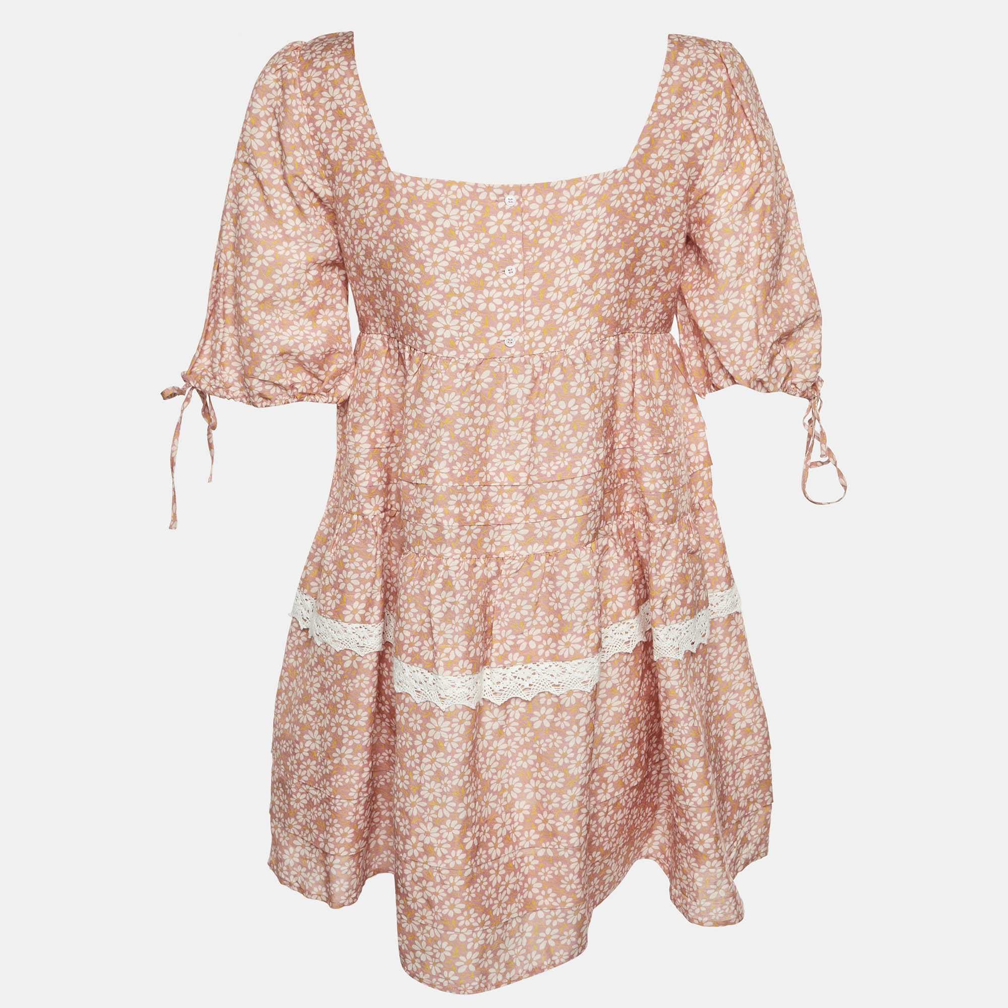 BLEND Maje Pink Floral Print Linen Blend Lace Trim Dress