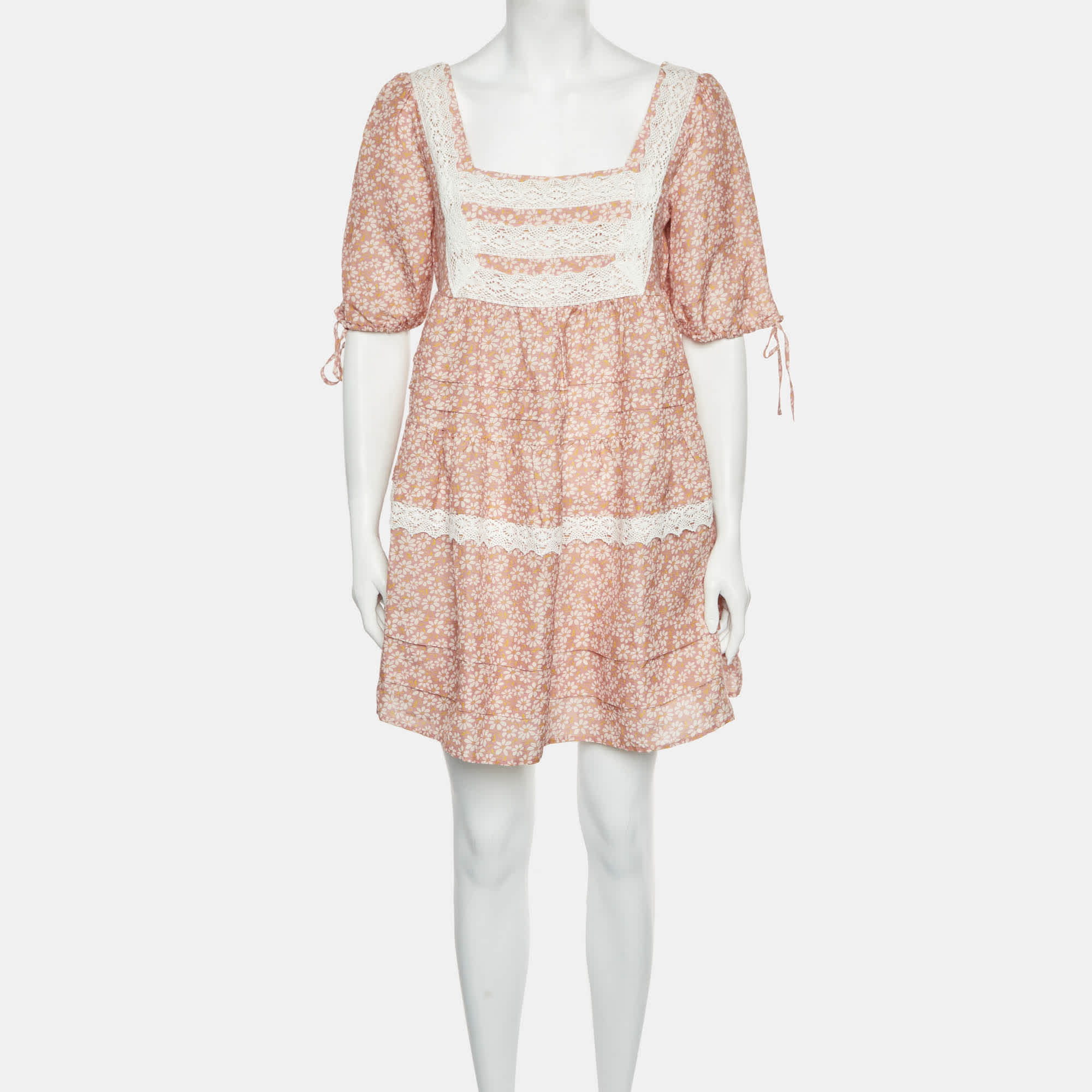 BLEND Maje Pink Floral Print Linen Blend Lace Trim Dress
