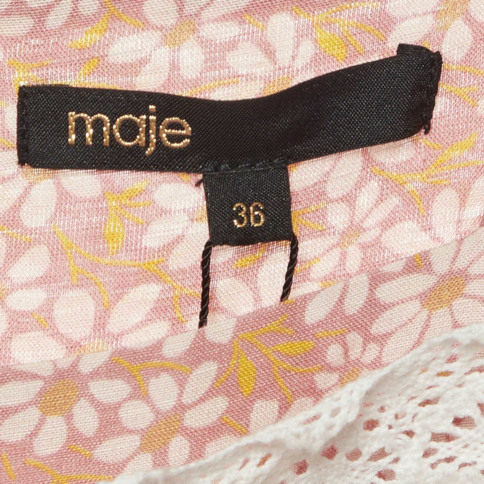 BLEND Maje Pink Floral Print Linen Blend Lace Trim Dress