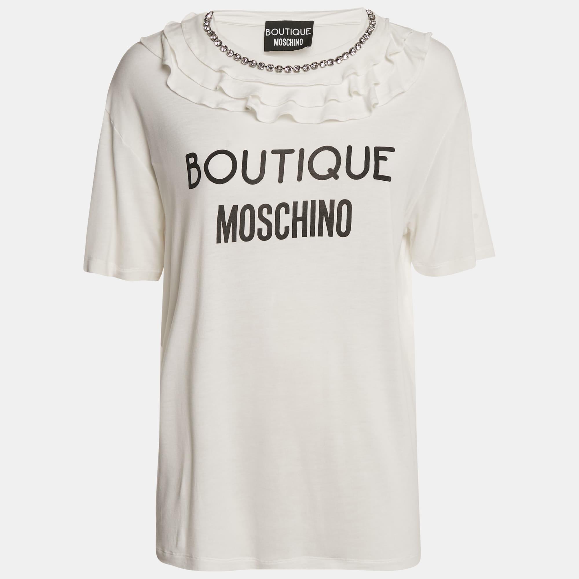 White Logo Print Jersey Crystal Embellished And Ruffled T - Shirt
