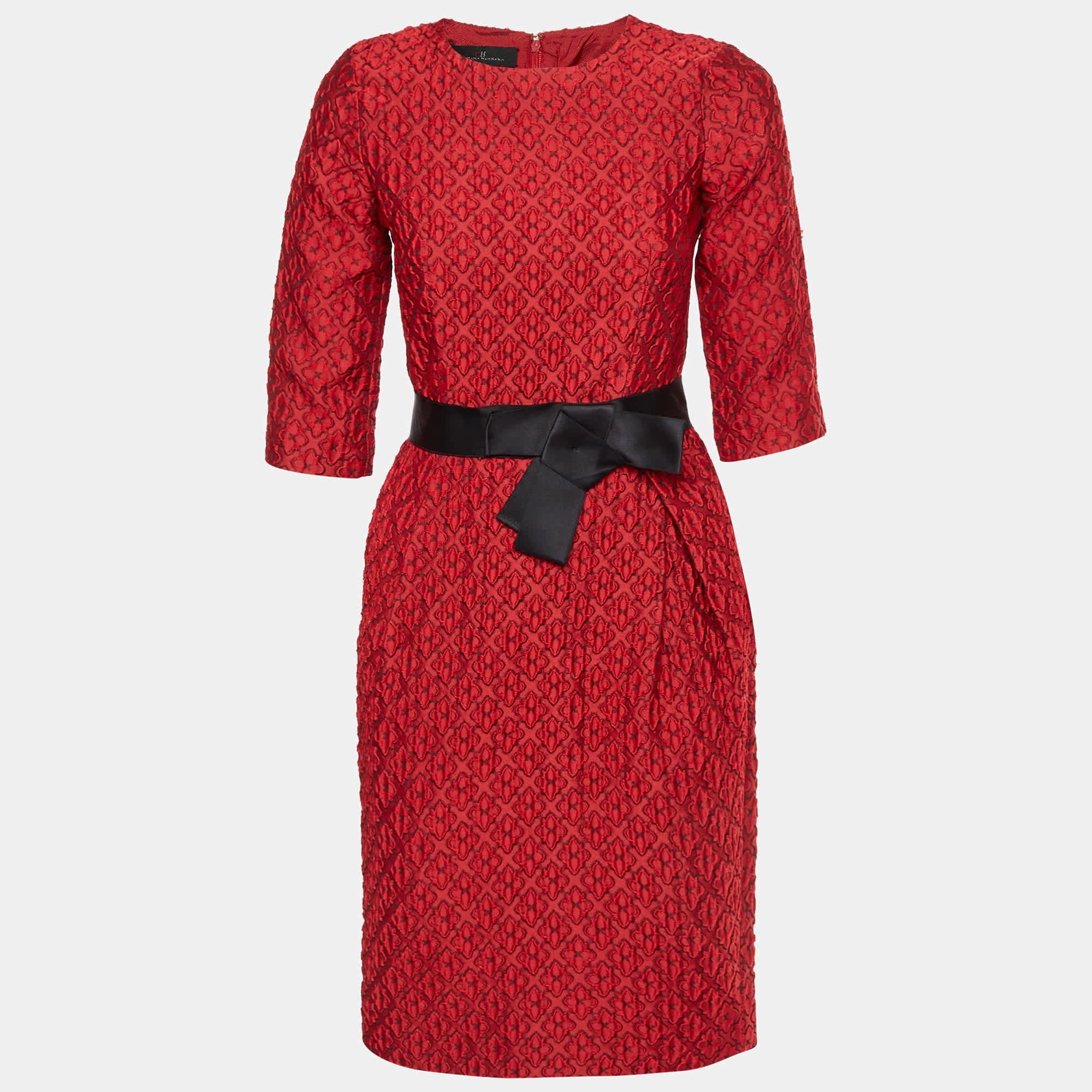Ch Carolina Herrera Red Floral Jacquard Belted Mini Dress