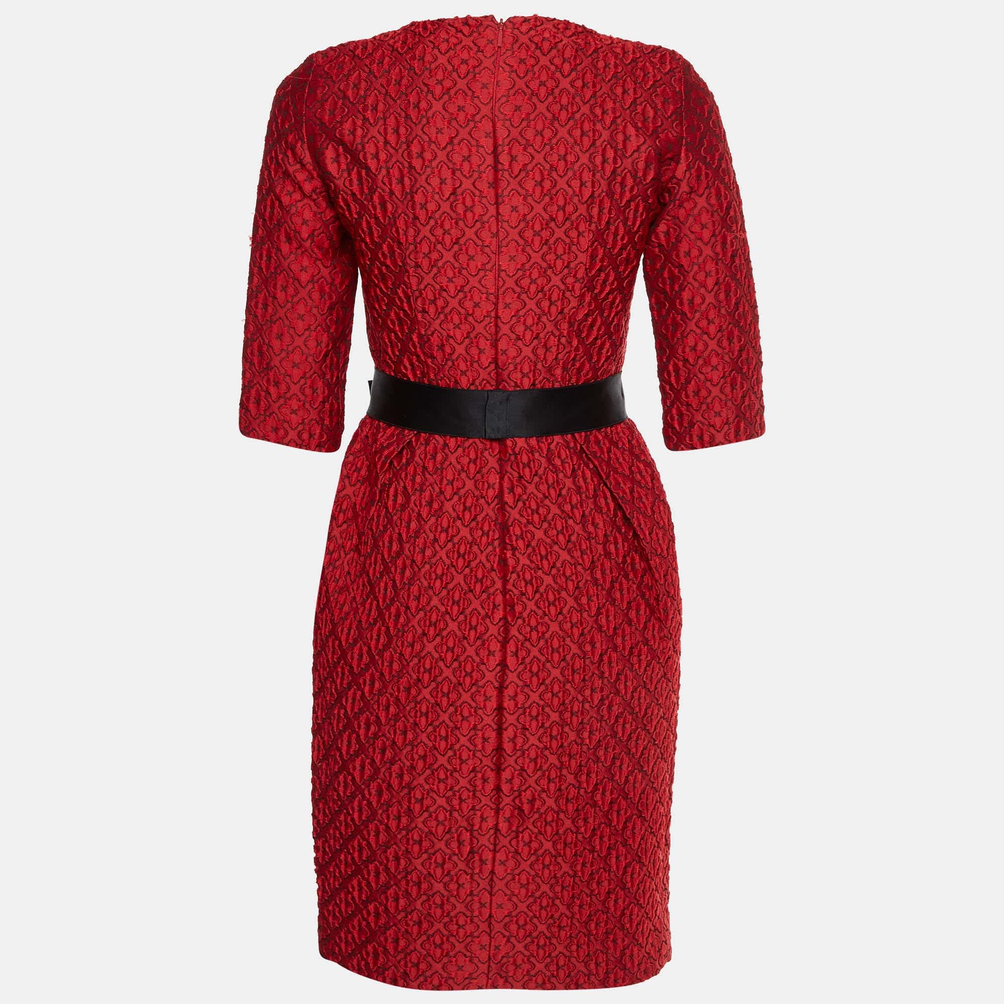 Ch Carolina Herrera Red Floral Jacquard Belted Mini Dress