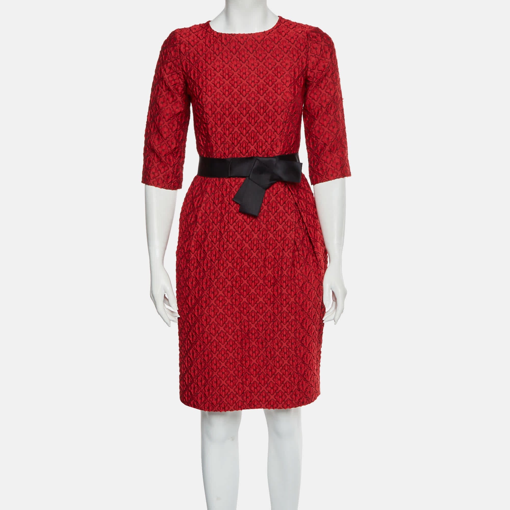 Ch Carolina Herrera Red Floral Jacquard Belted Mini Dress