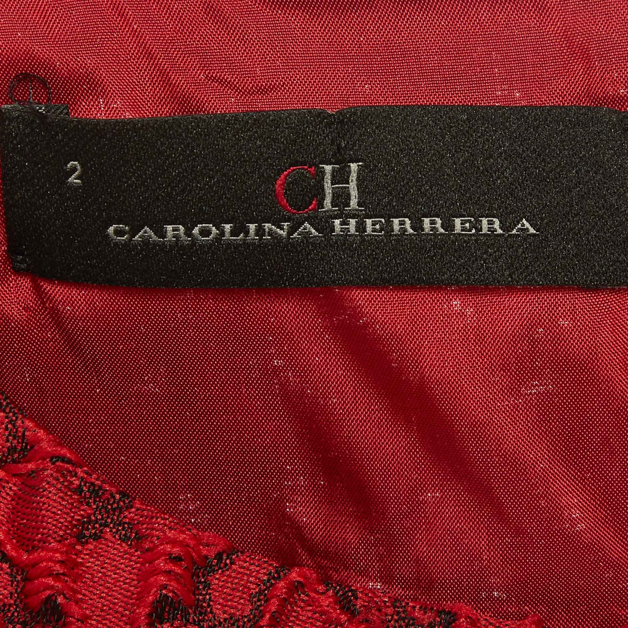 Ch Carolina Herrera Red Floral Jacquard Belted Mini Dress