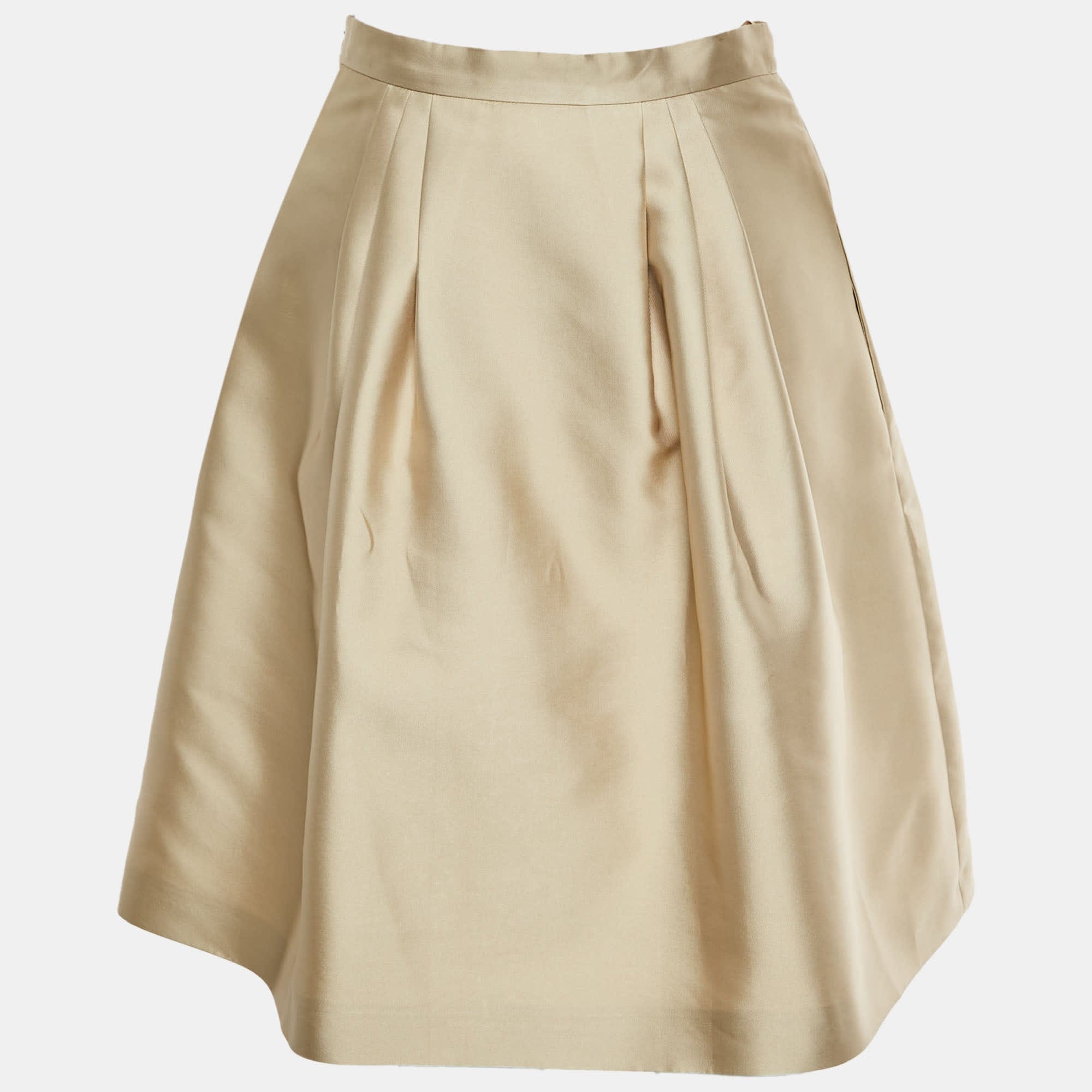 Max Mara Studio Beige Gabardine Pleated Flared Mini Skirt