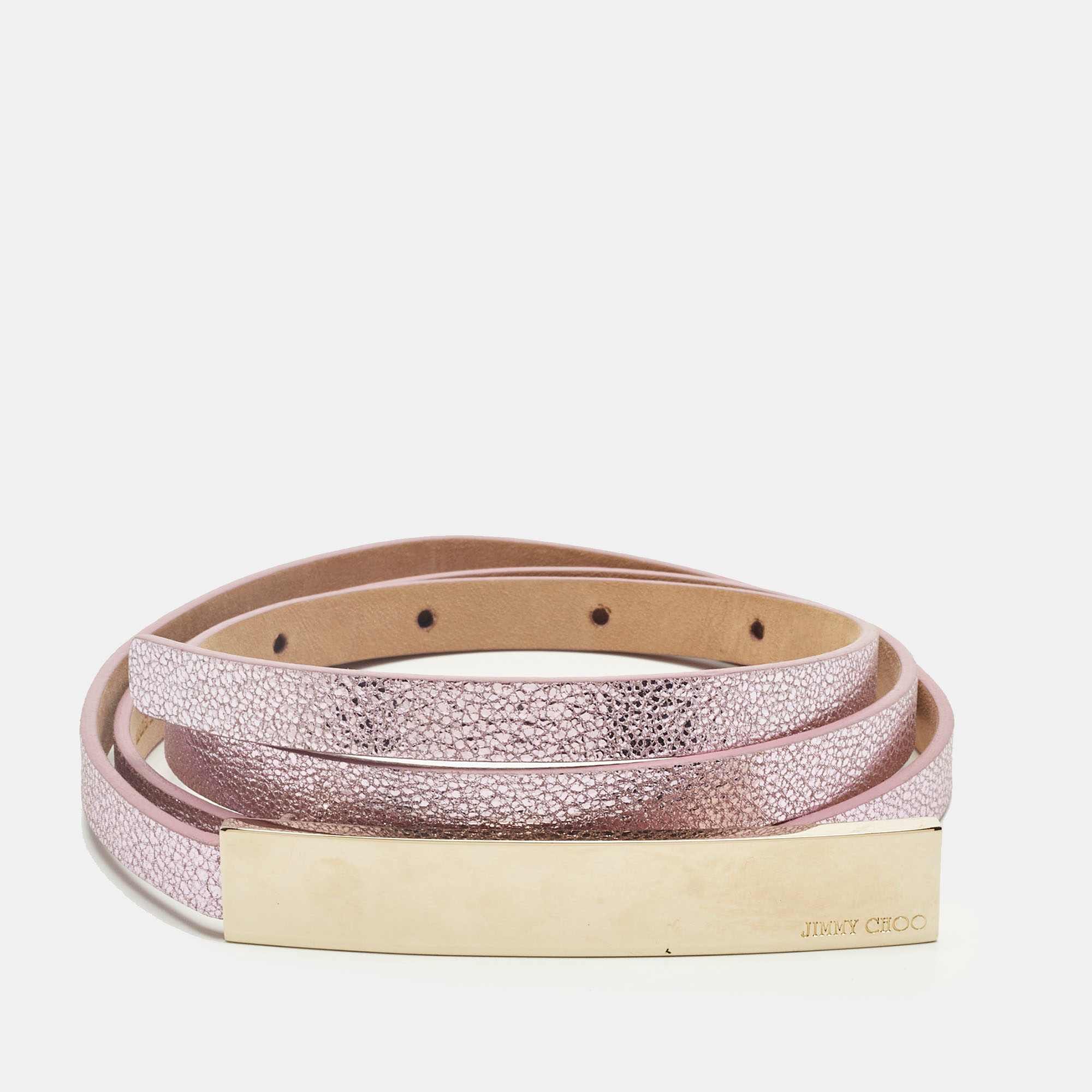Logo Metallic Pink Leather Logo Metal Slim Waist Belt 85 cm