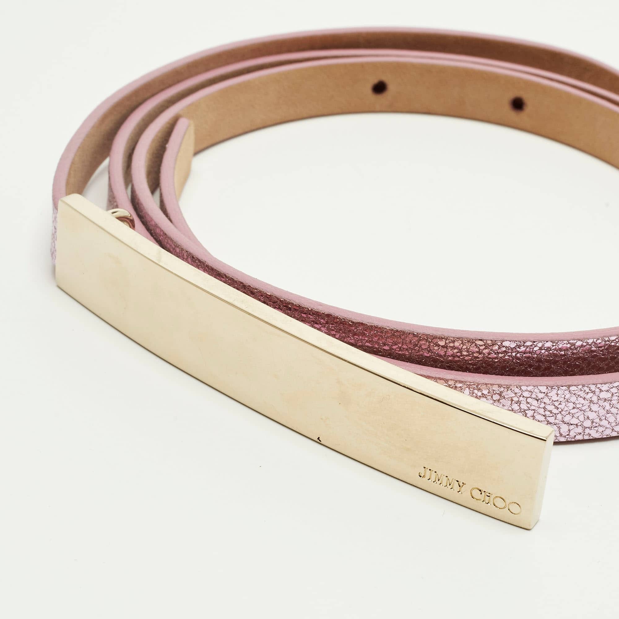 Logo Metallic Pink Leather Logo Metal Slim Waist Belt 85 cm