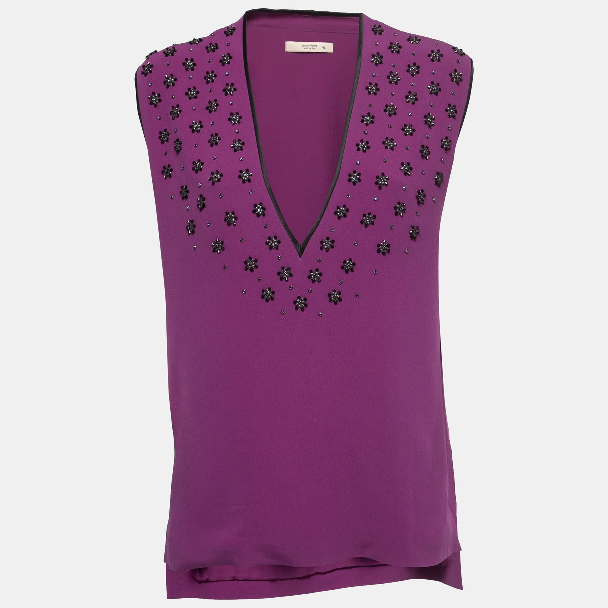 Purple Crepe Beads Embellished V - Neck Sleeveless Blouse