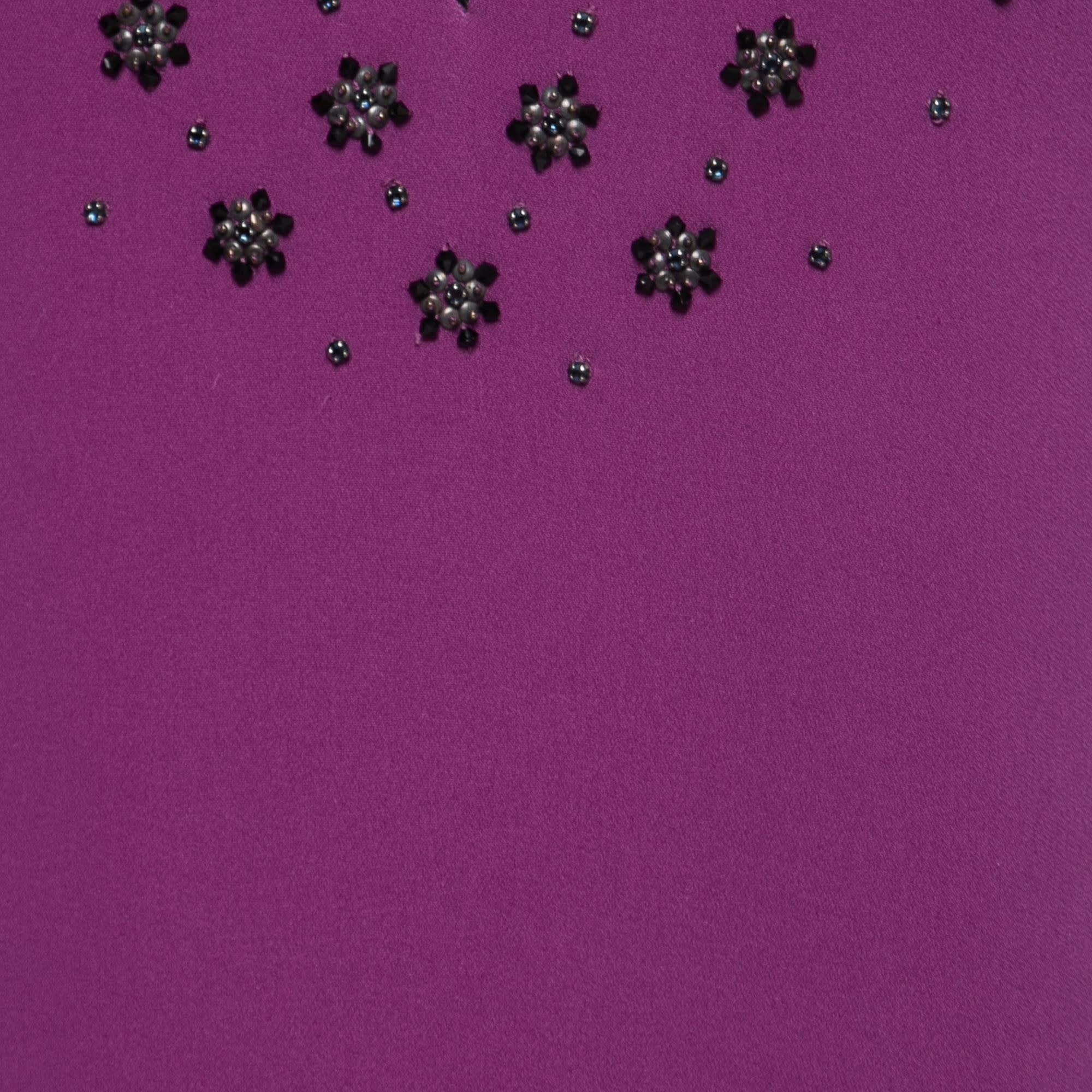 Purple Crepe Beads Embellished V - Neck Sleeveless Blouse