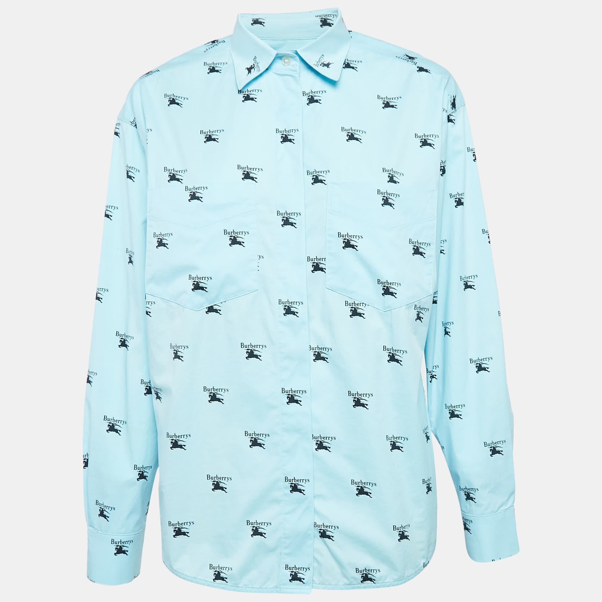 Blue Logo Print Cotton Oversized Shirt