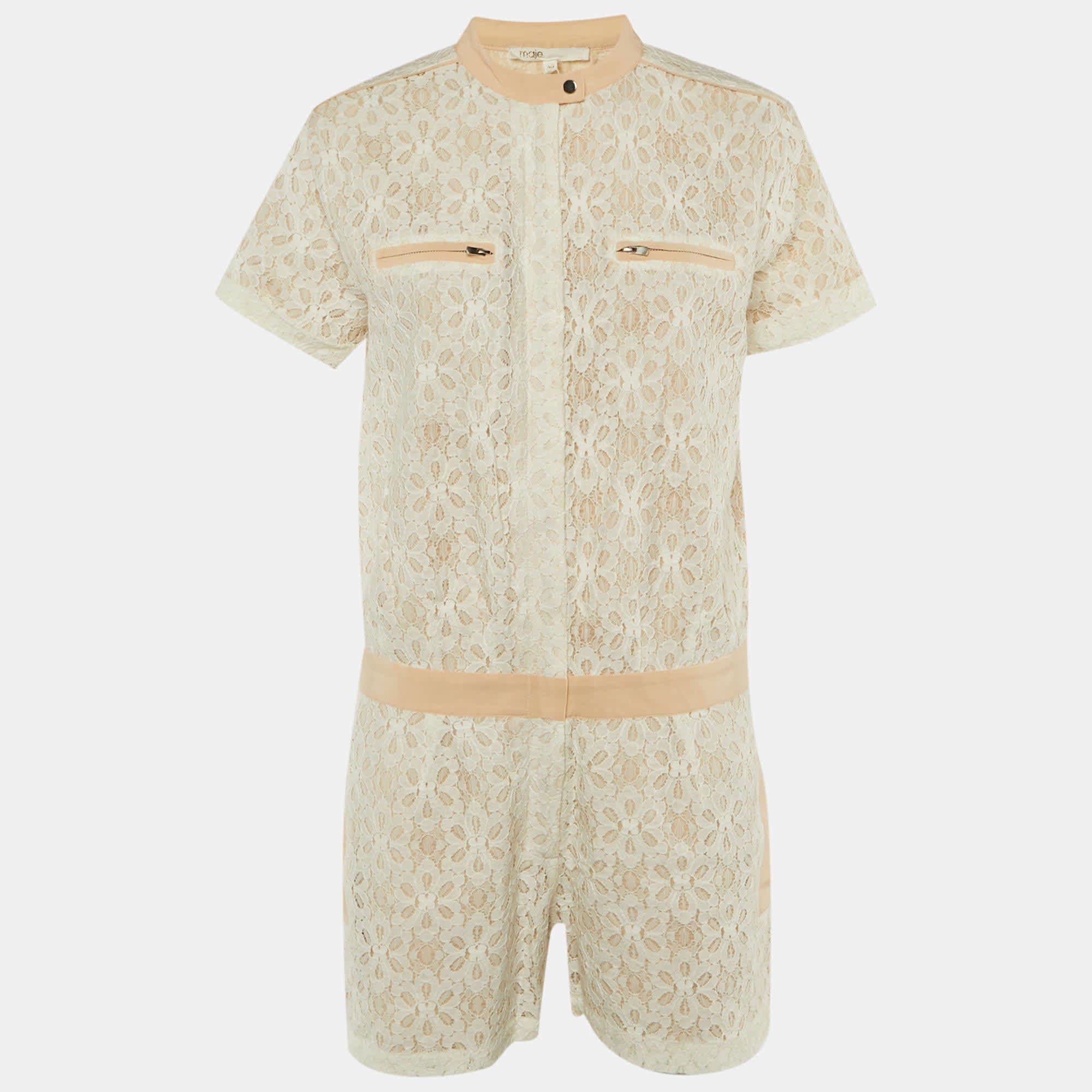 White Lace & Silk Trim Zip Up Jumpsuit
