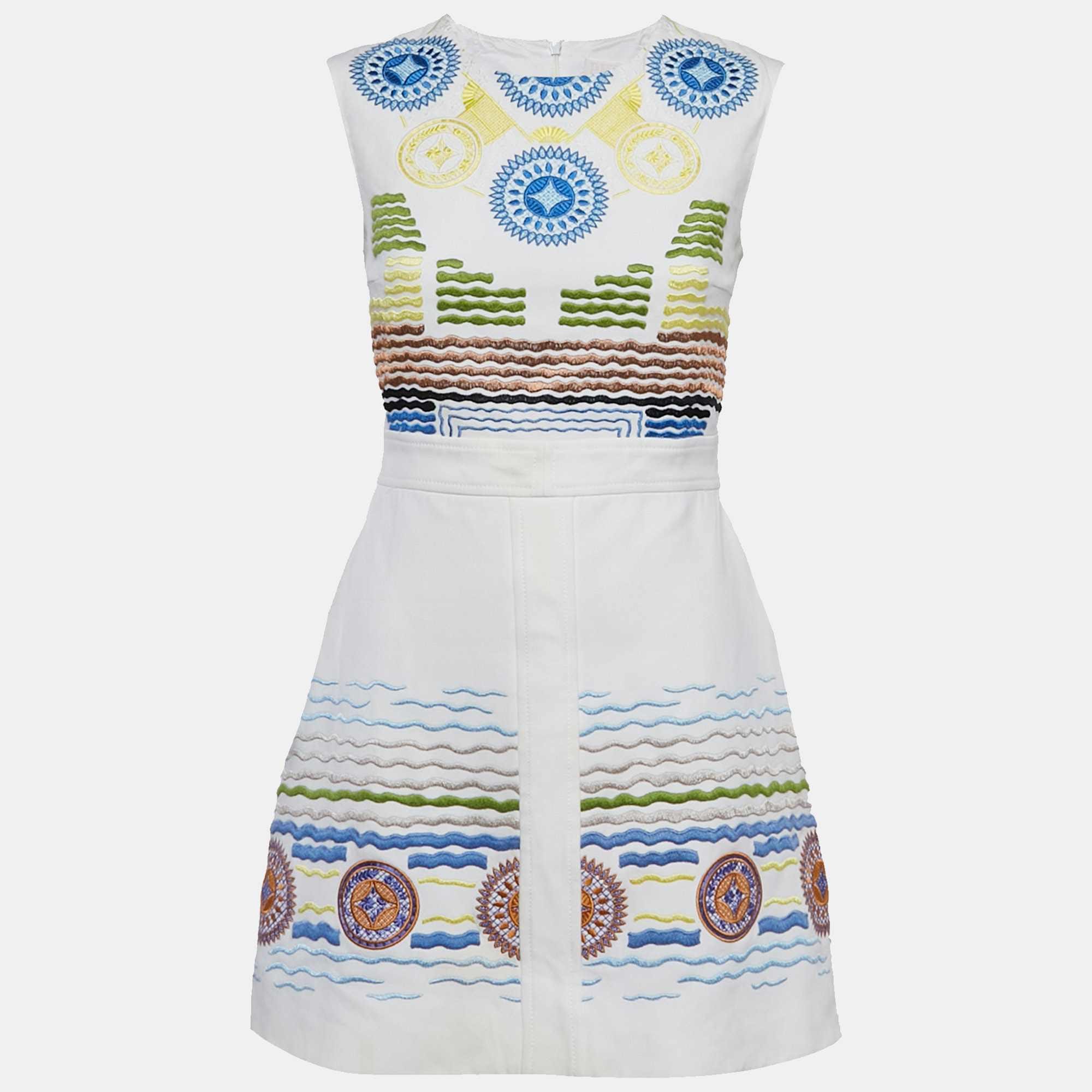 White Embroidered Crepe Sleeveless Dress