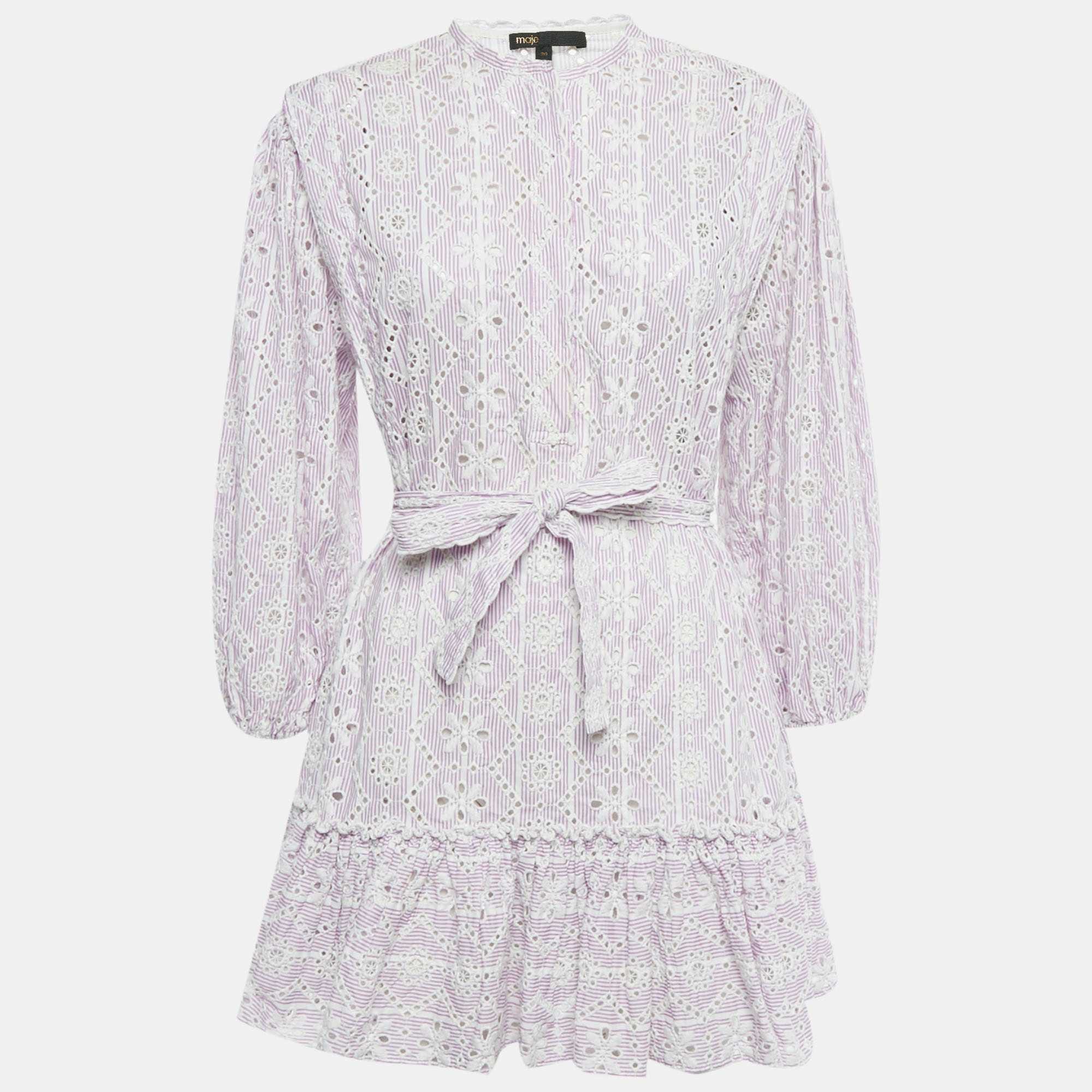 Purple Embroidered Cotton Belted Mini Dress