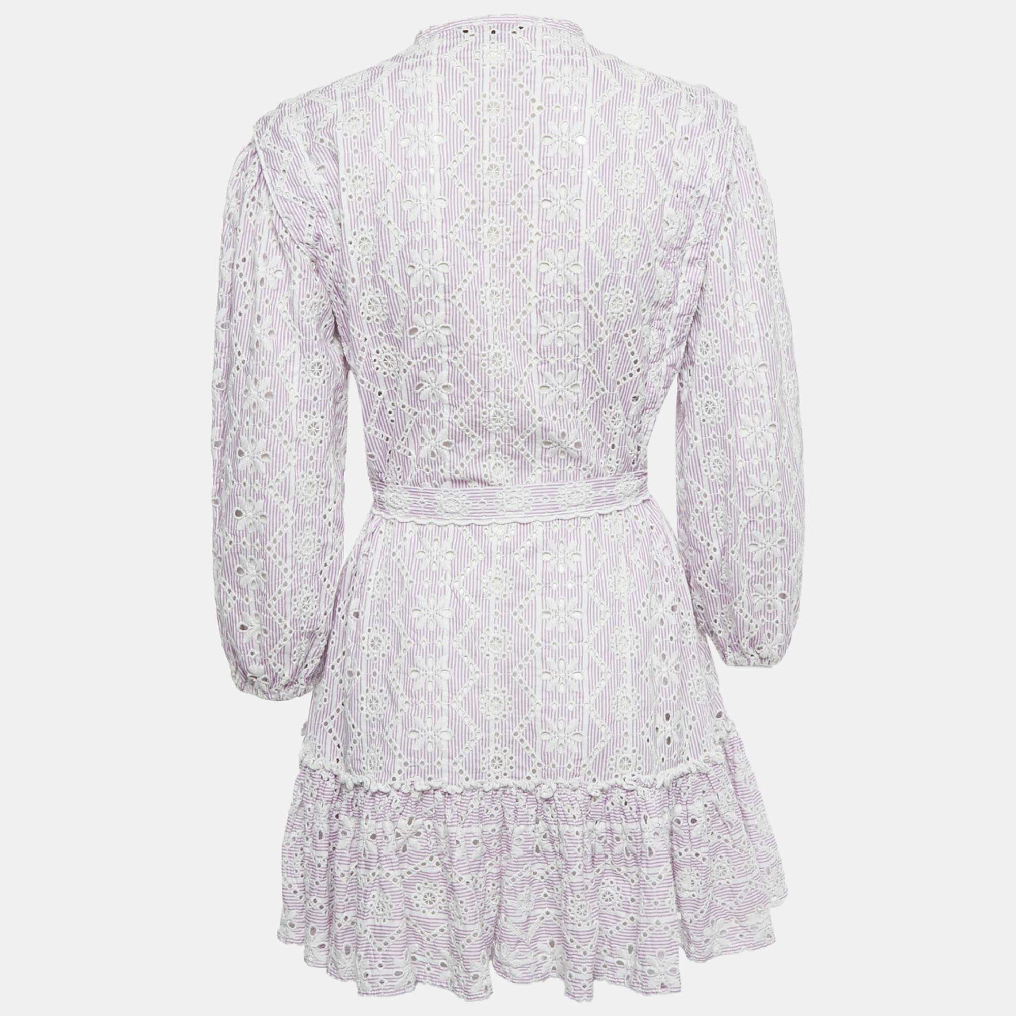 Purple Embroidered Cotton Belted Mini Dress