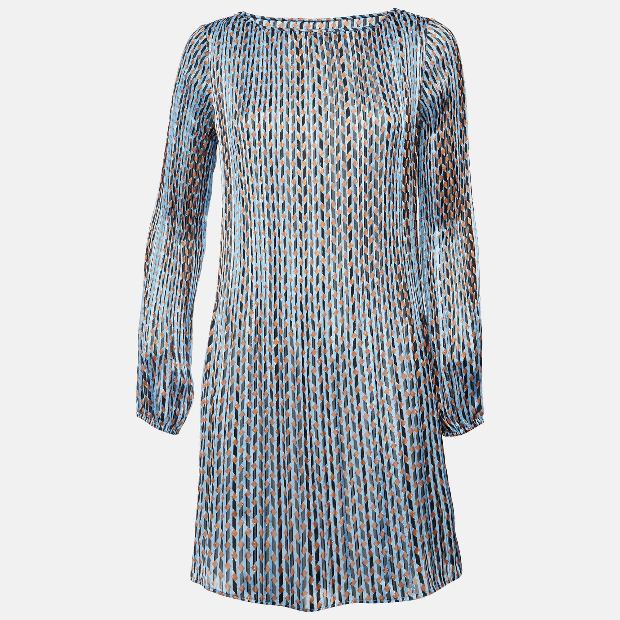 PLISSÈ Maje Blue Geometric Print Lurex Plisse Rockilane Mini Dress
